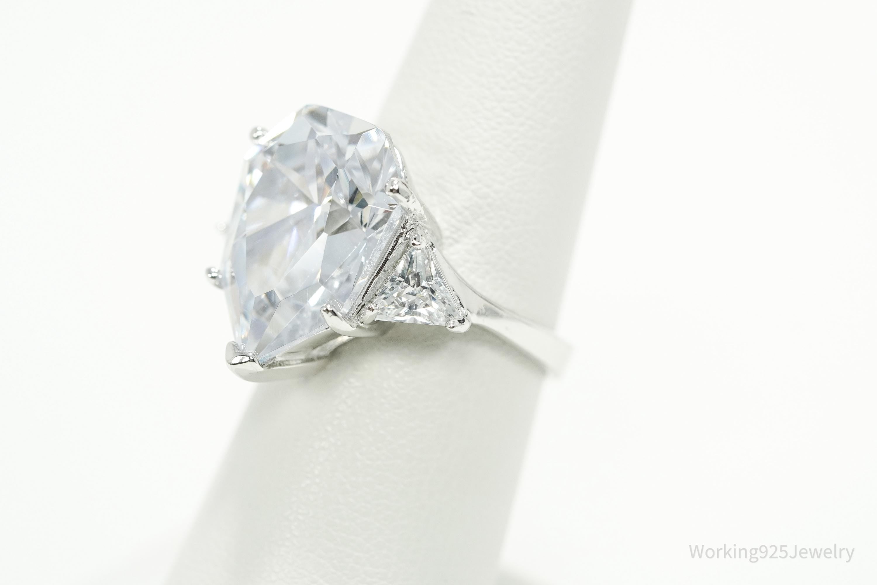 Designer PJM Large Cubic Zirconia Sterling Silver Ring - Size 6