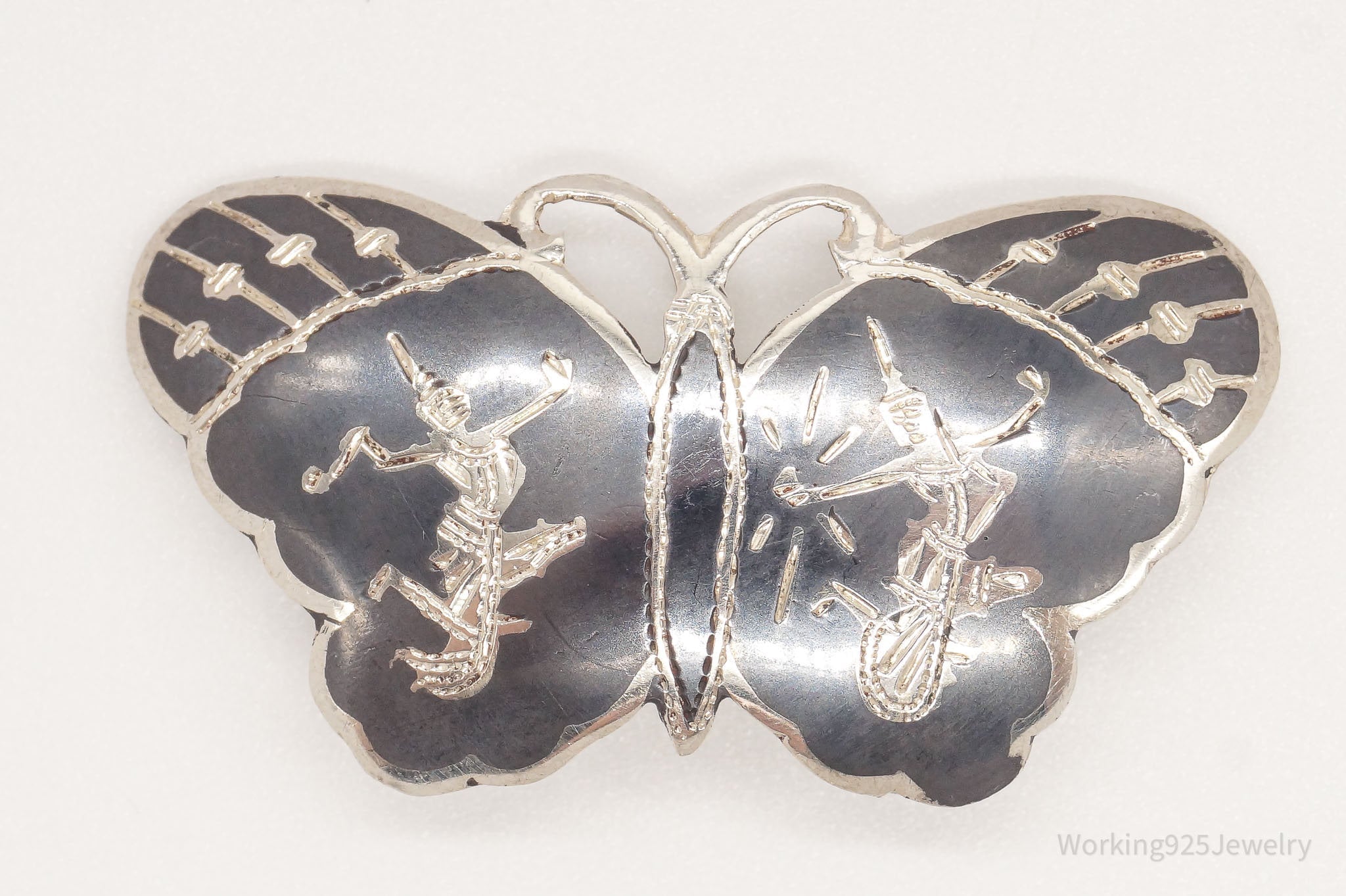 Vintage Siam Black Enamel Goddess Butterfly Sterling Silver Brooch Pin Pendant