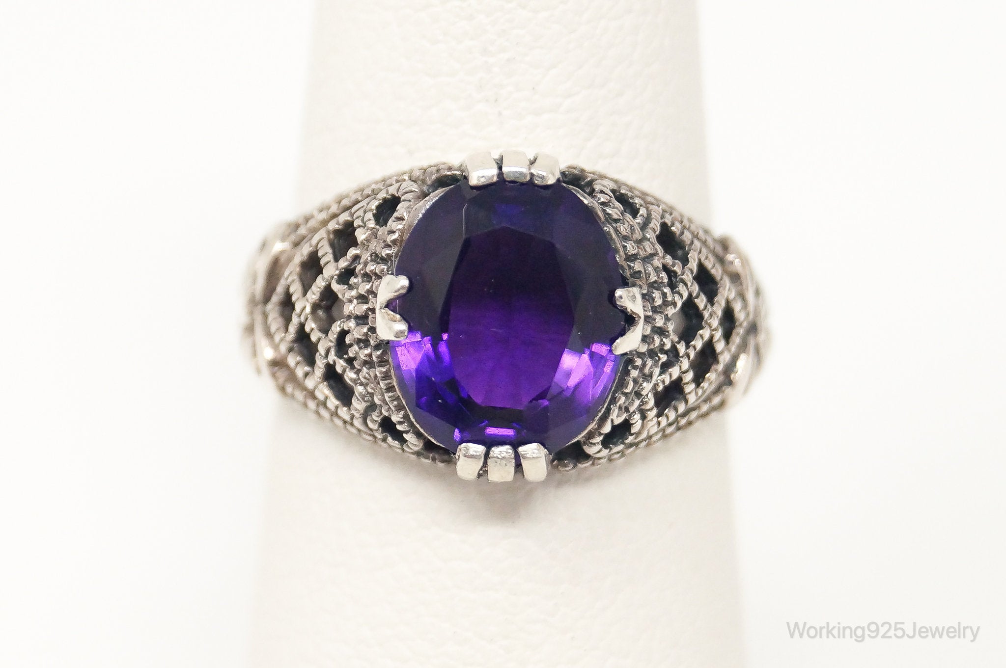 Vintage Large Amethyst Sterling Silver Art Deco Ring - Sz 5.75