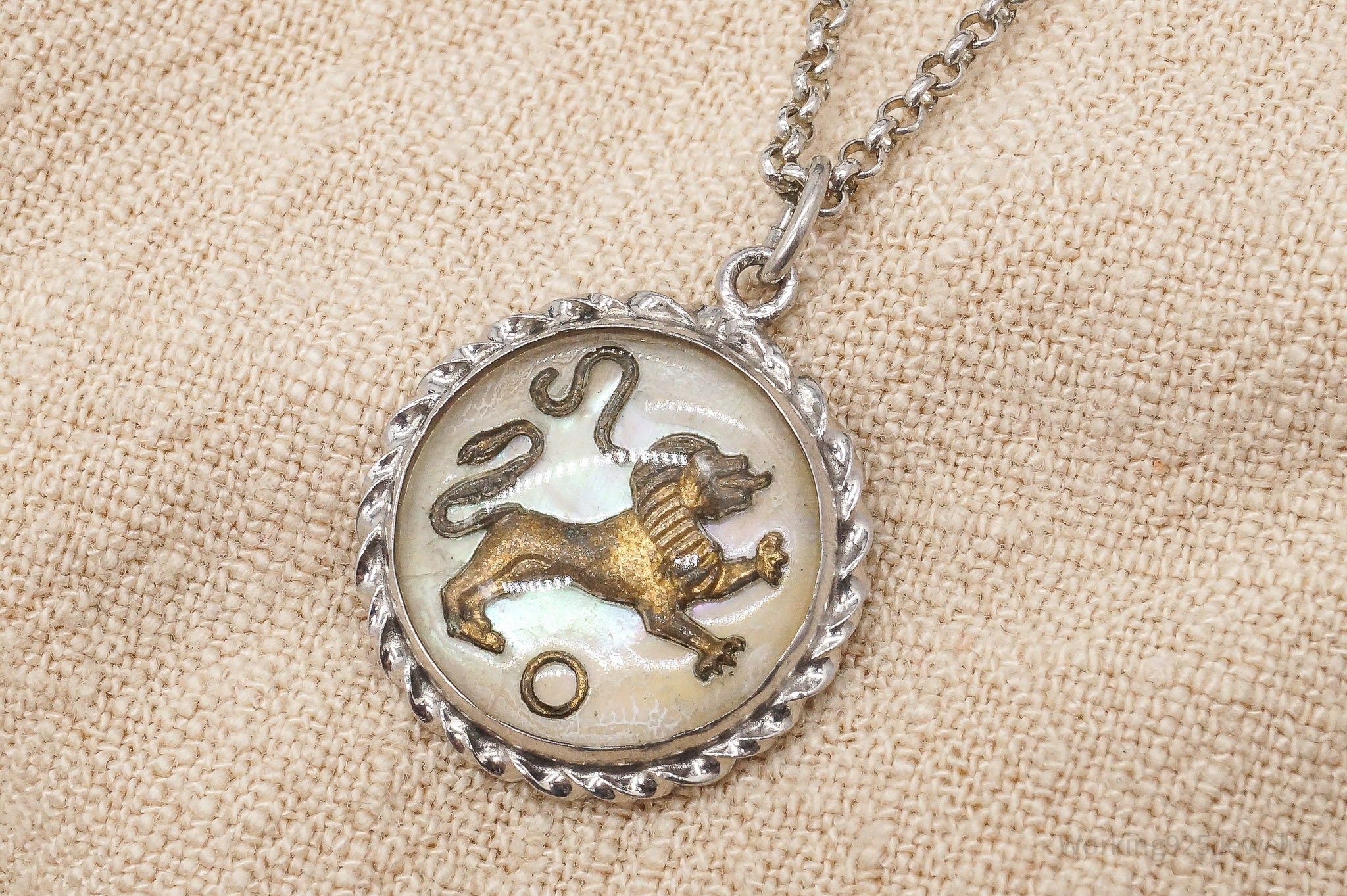 Vintage Leo Glass Bubble Mother Of Pearl Sterling Silver Necklace 16"