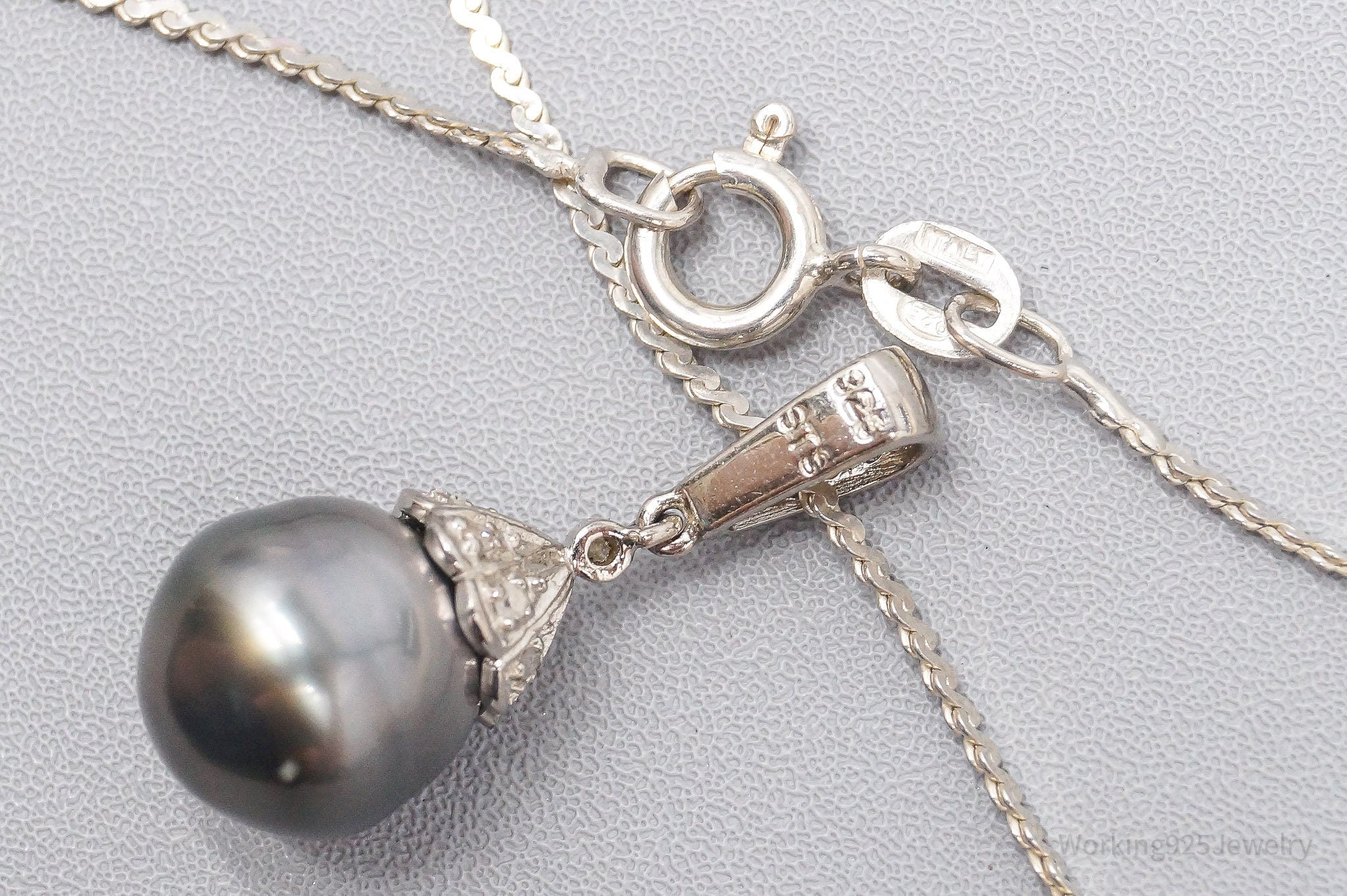 Vintage Pearl & Diamond Sterling Silver Necklace 18"