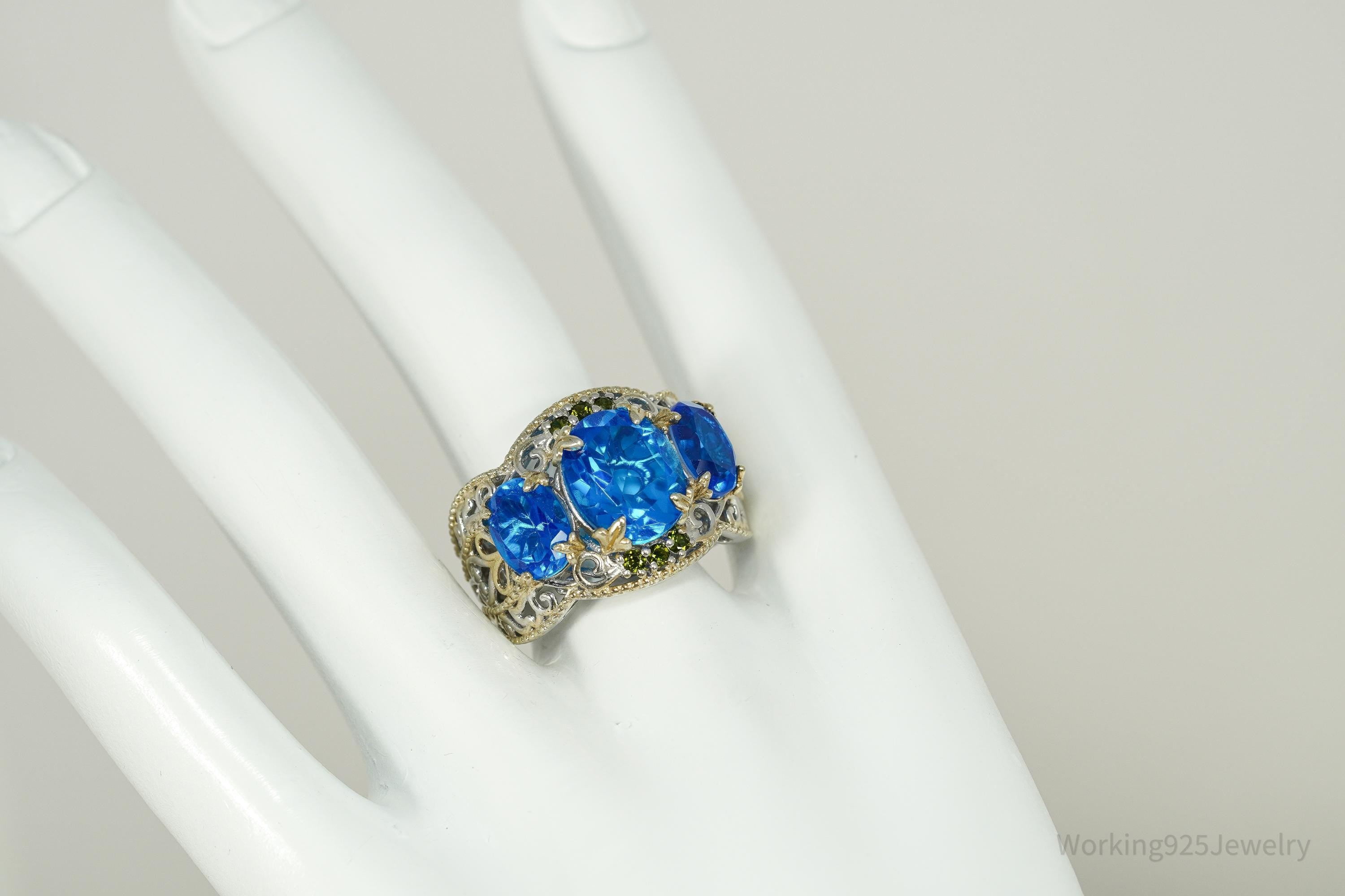 Vintage Chuck Clemency Blue Topaz & Peridot Gold Vermeil Sterling Silver Ring - Size 9.25