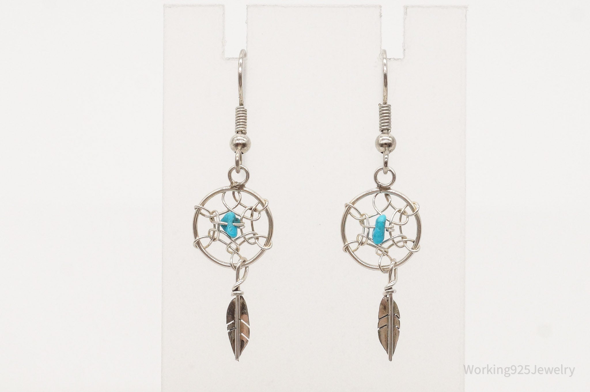 Vintage Native American Turquoise Dream Catcher Silver Earrings