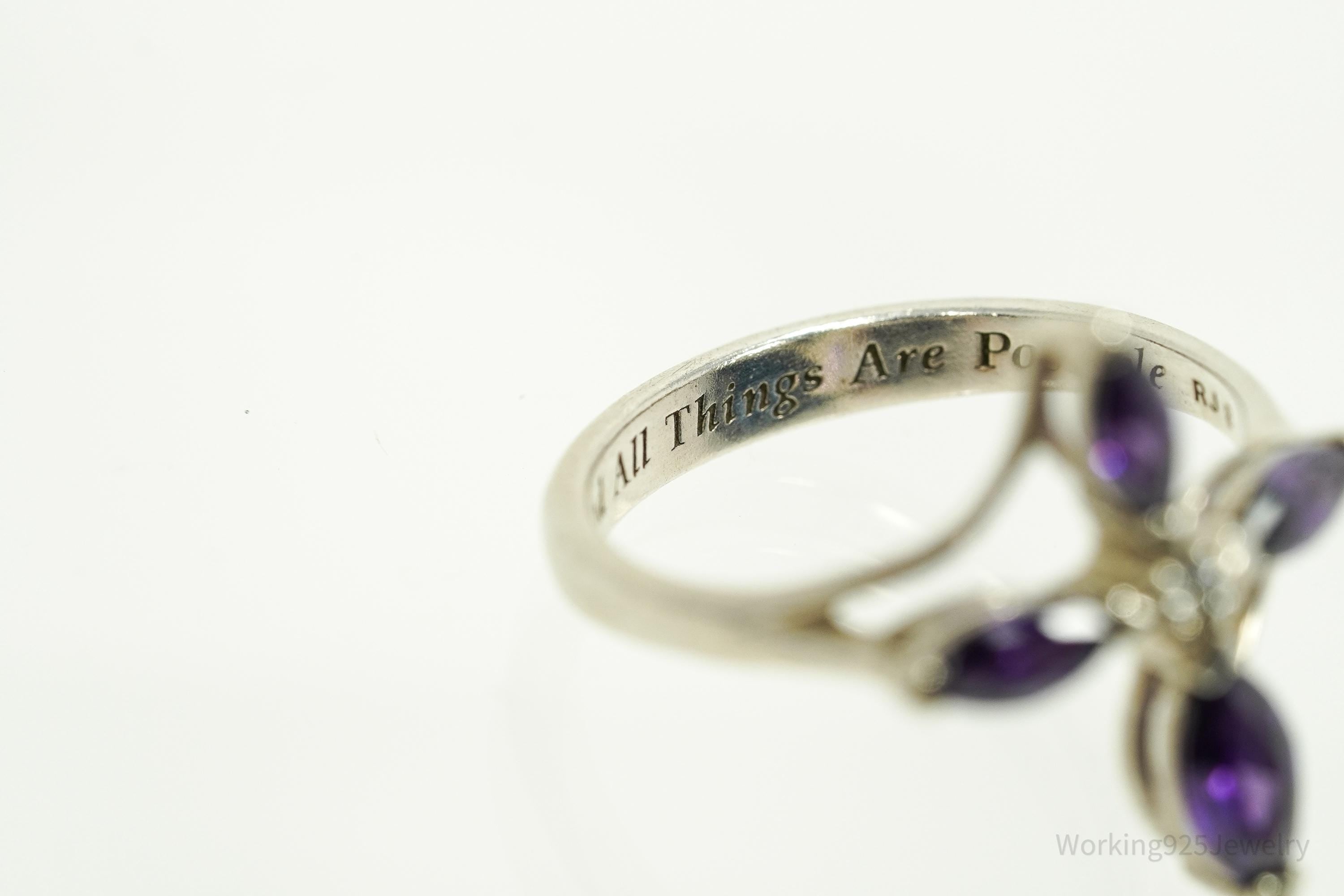 Vintage Amethyst "With God All Things Are Possible" White Sapphire Cross Sterling Silver Ring - Size 8