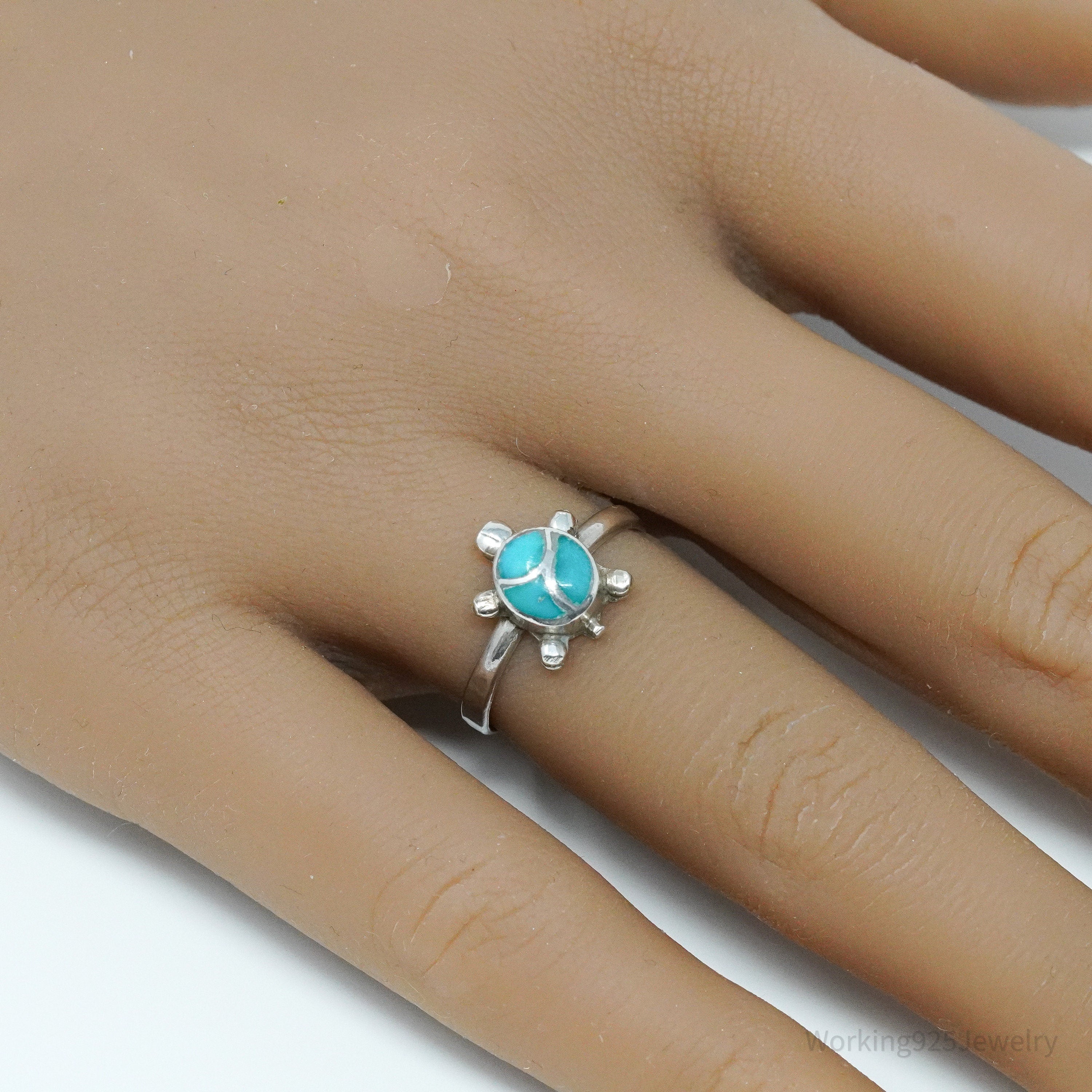 Vintage Native American Turquoise Inlay Turtle Handmade Silver Ring - Size 6.75