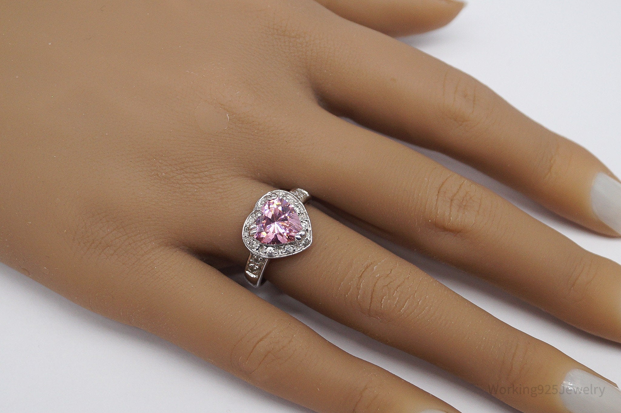 Vintage Pink & White Cubic Zirconia Rhodium Over Sterling Silver Ring - Size 8