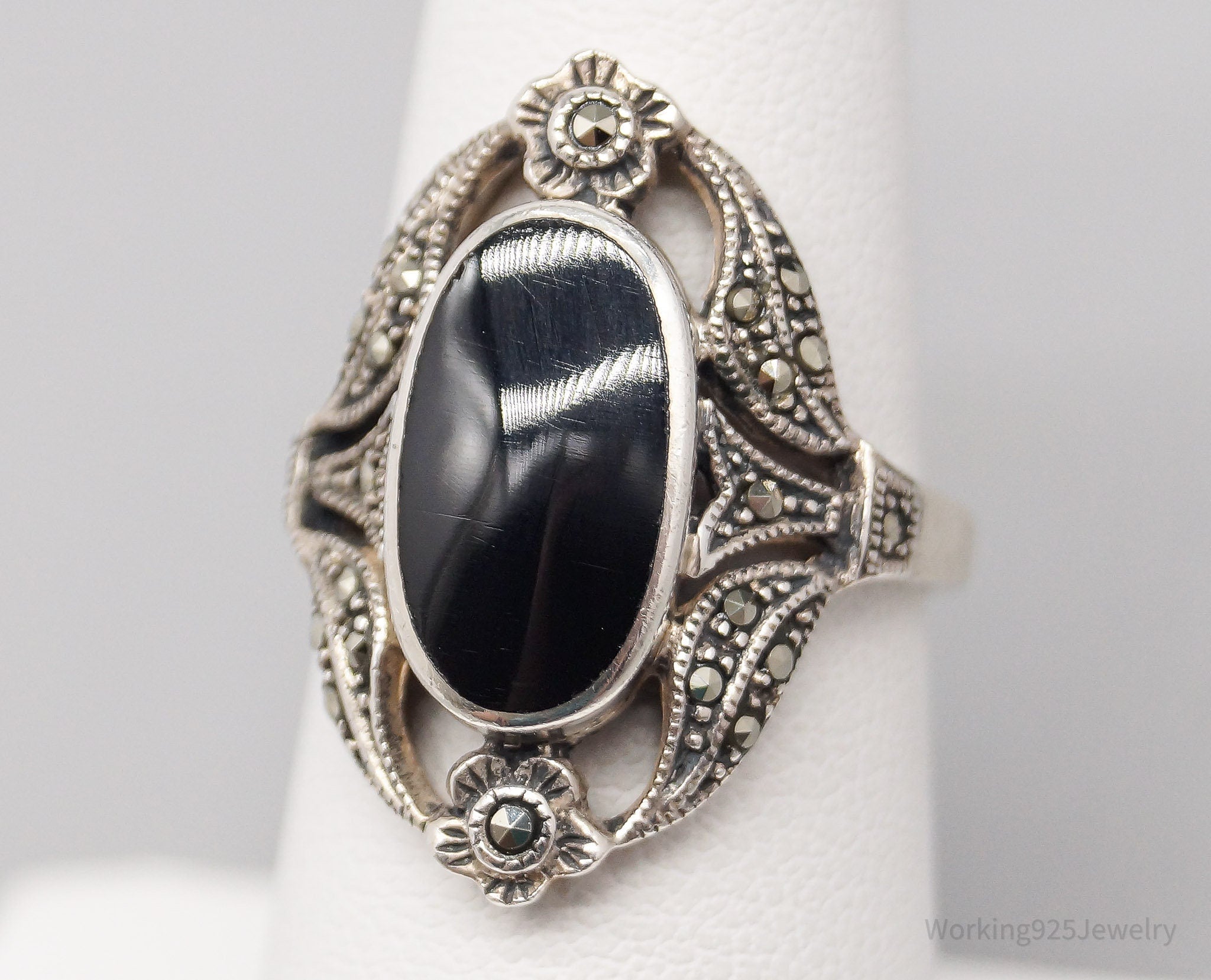 Vintage Black Onyx & Marcasite Sterling Silver Ring - Size 7