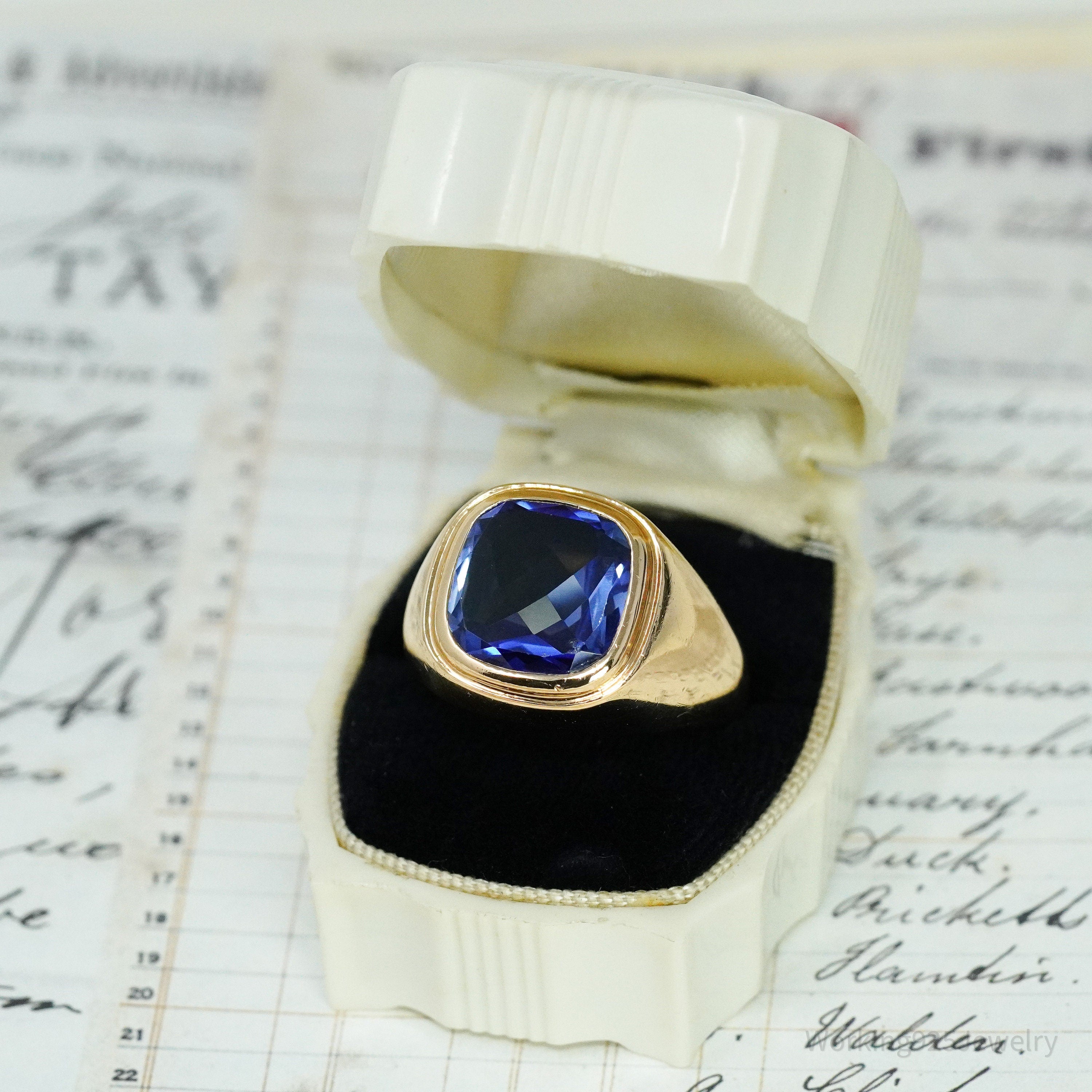 14K Yellow Gold & Synthetic Sapphire Ring - Size 9.75