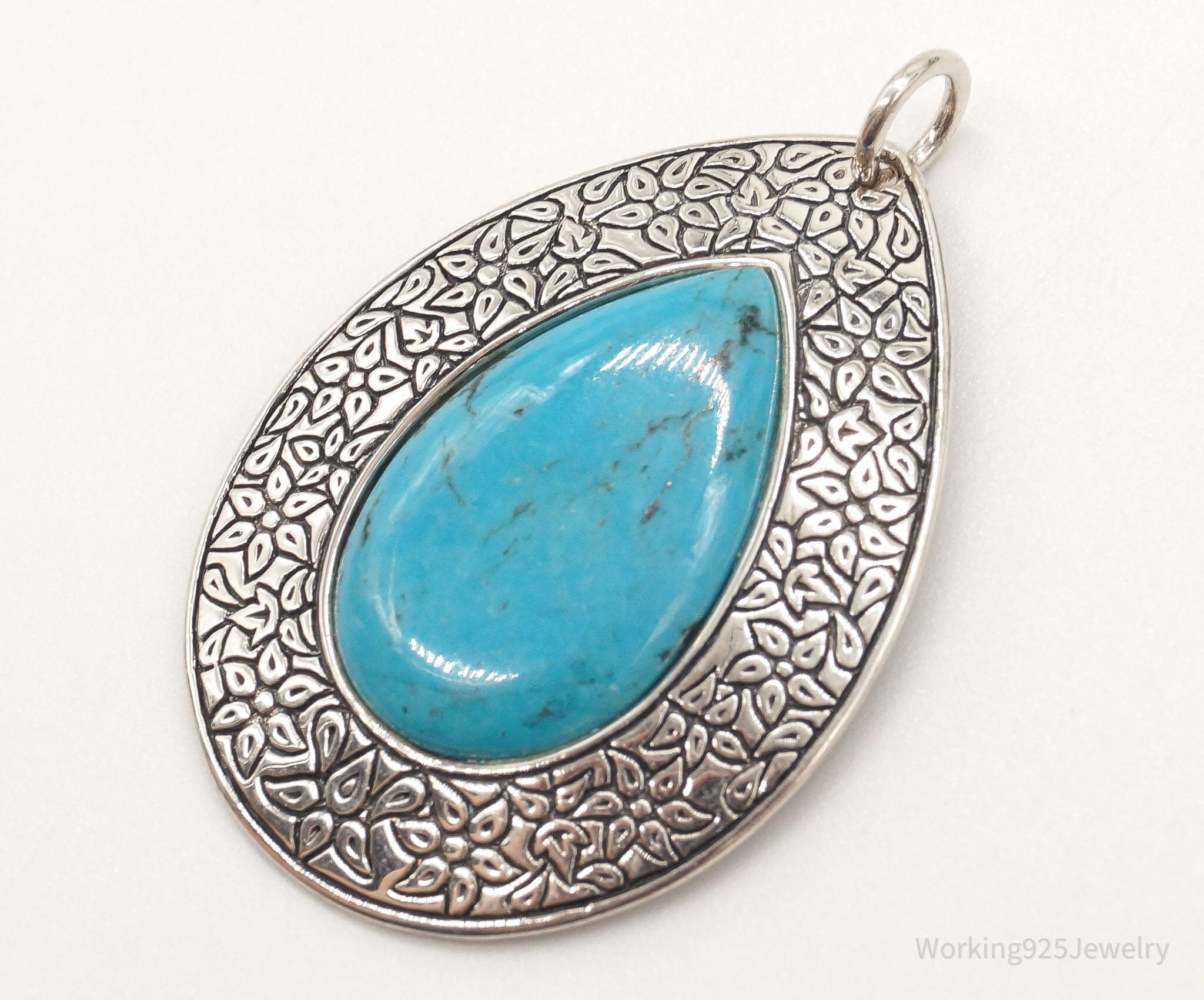 Vintage Large Turquoise Floral Etched Sterling Silver Necklace Pendant