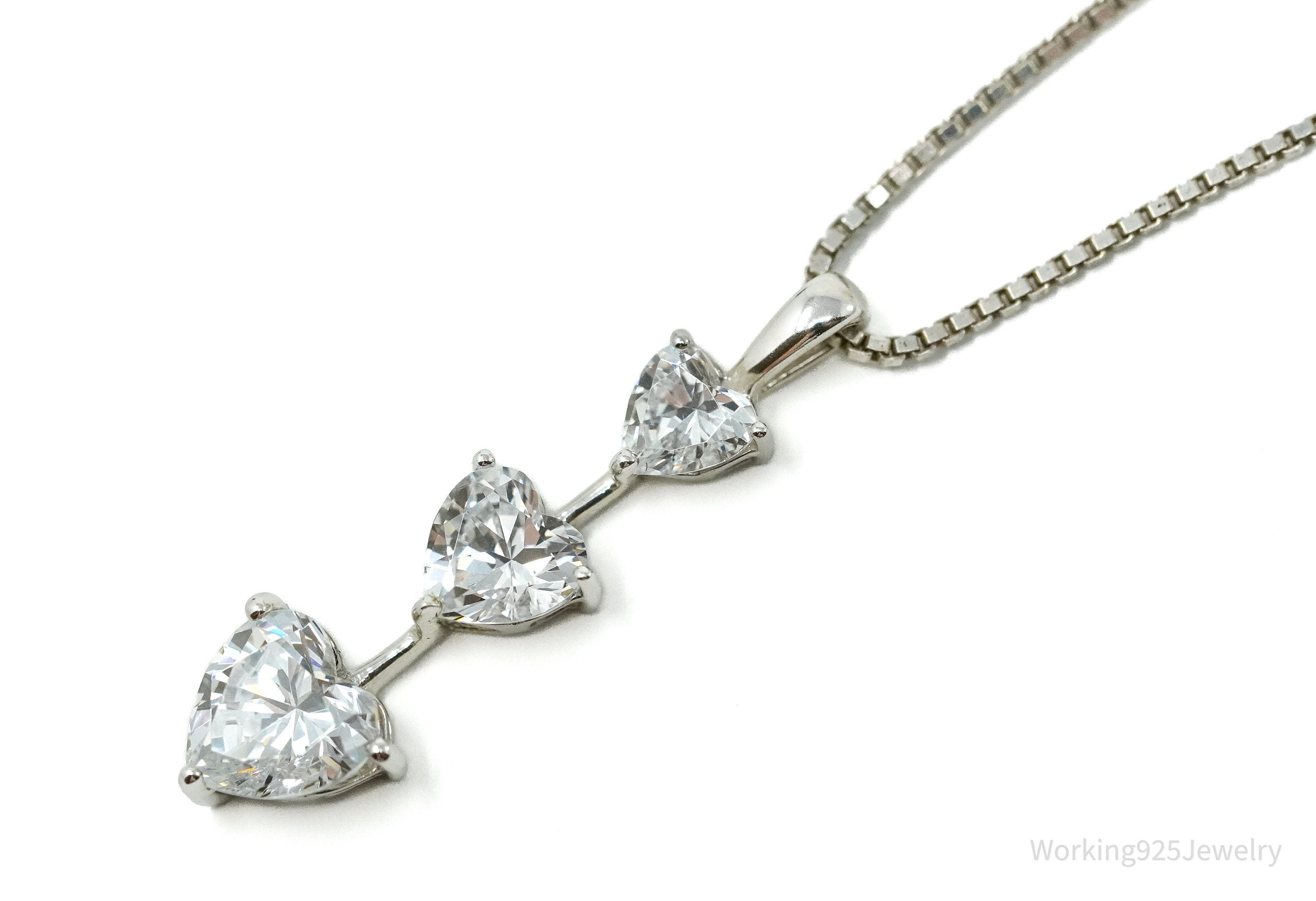 Vintage Cubic Zirconia Hearts Sterling Silver Necklace 20"