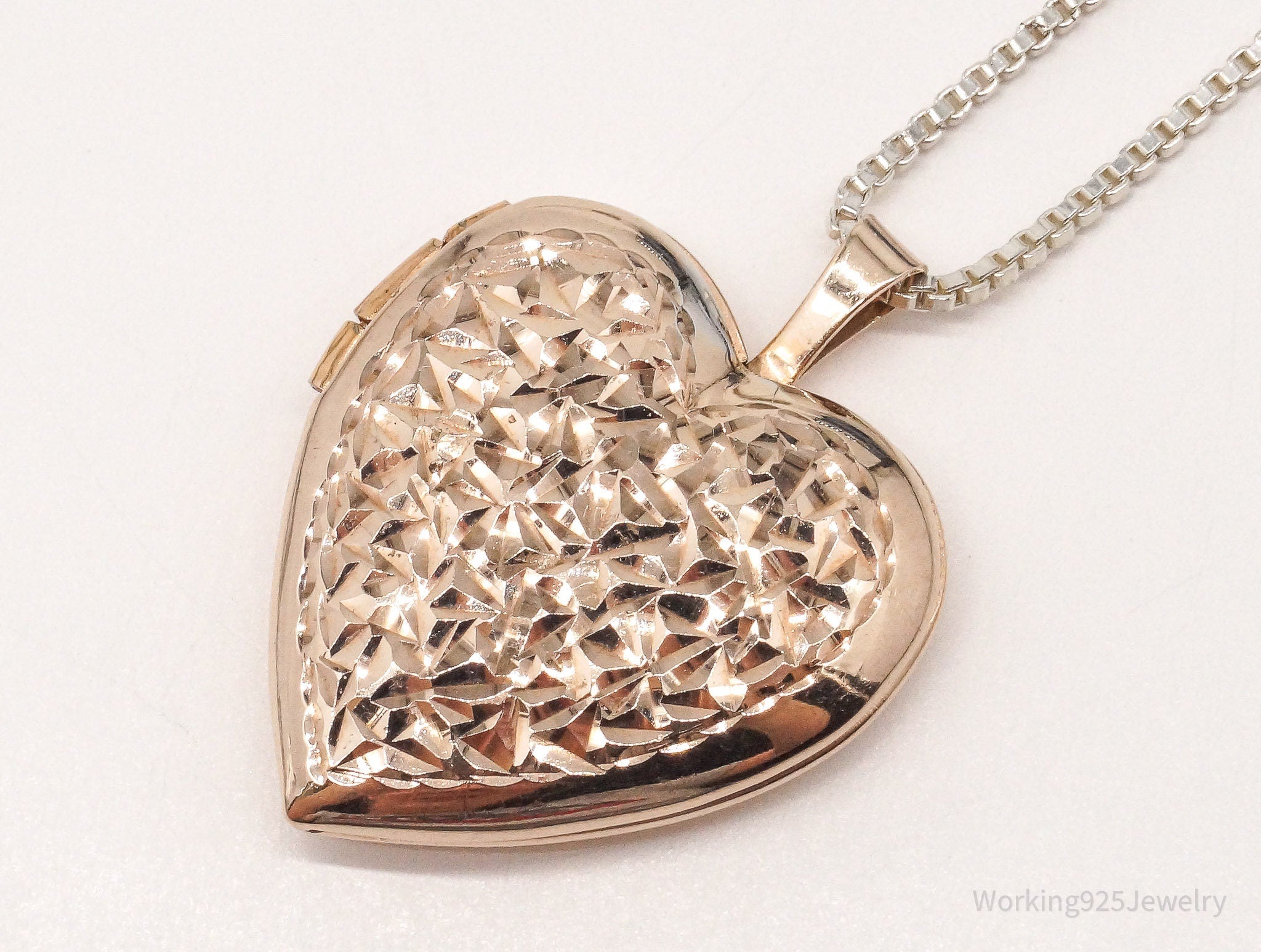 Vintage Heart Picture Locket Rose Gold Vermeil Sterling Silver Necklace 20"