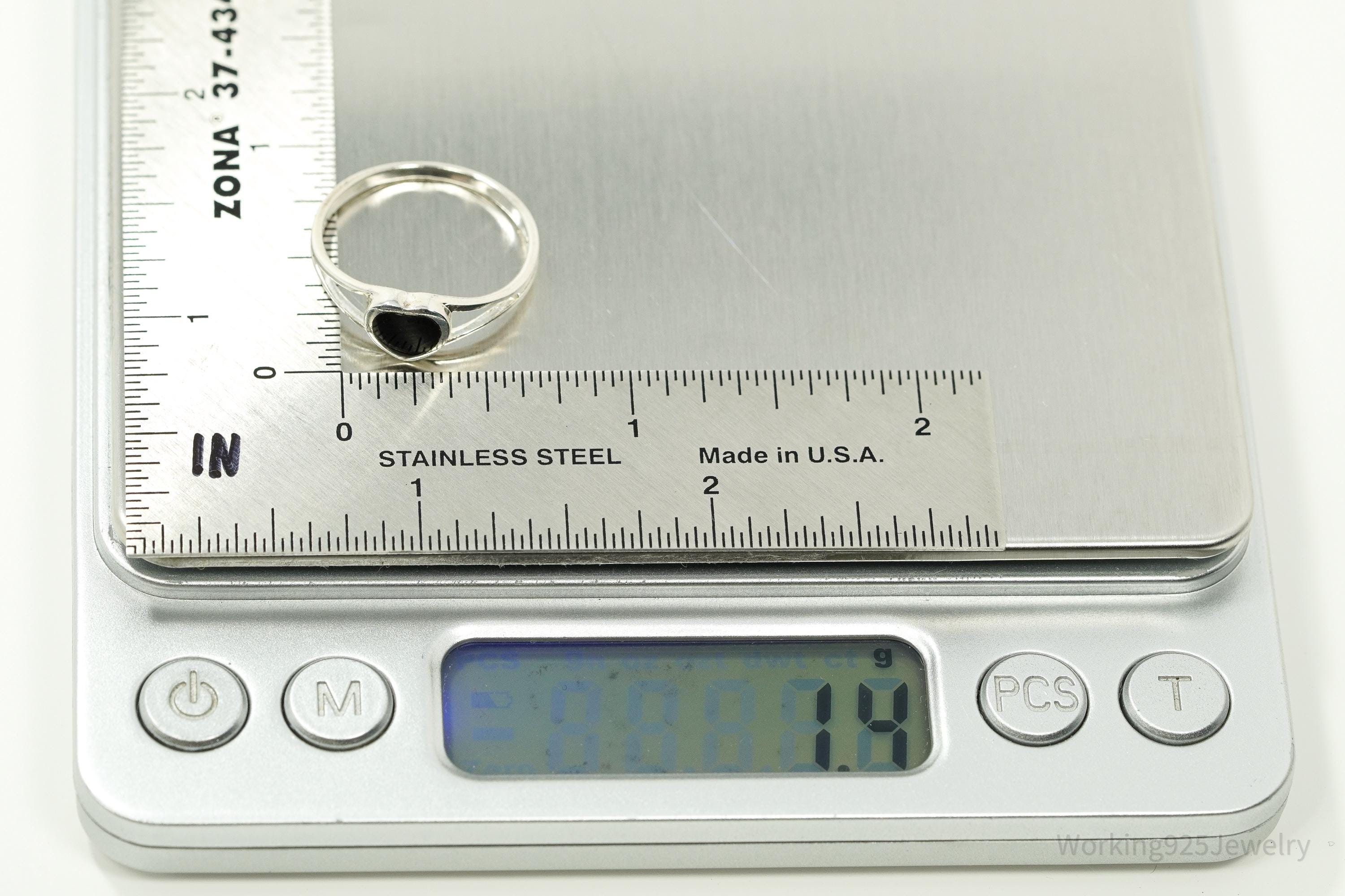 Vintage Black Onyx Inlay Heart Sterling Silver Ring - Size 8