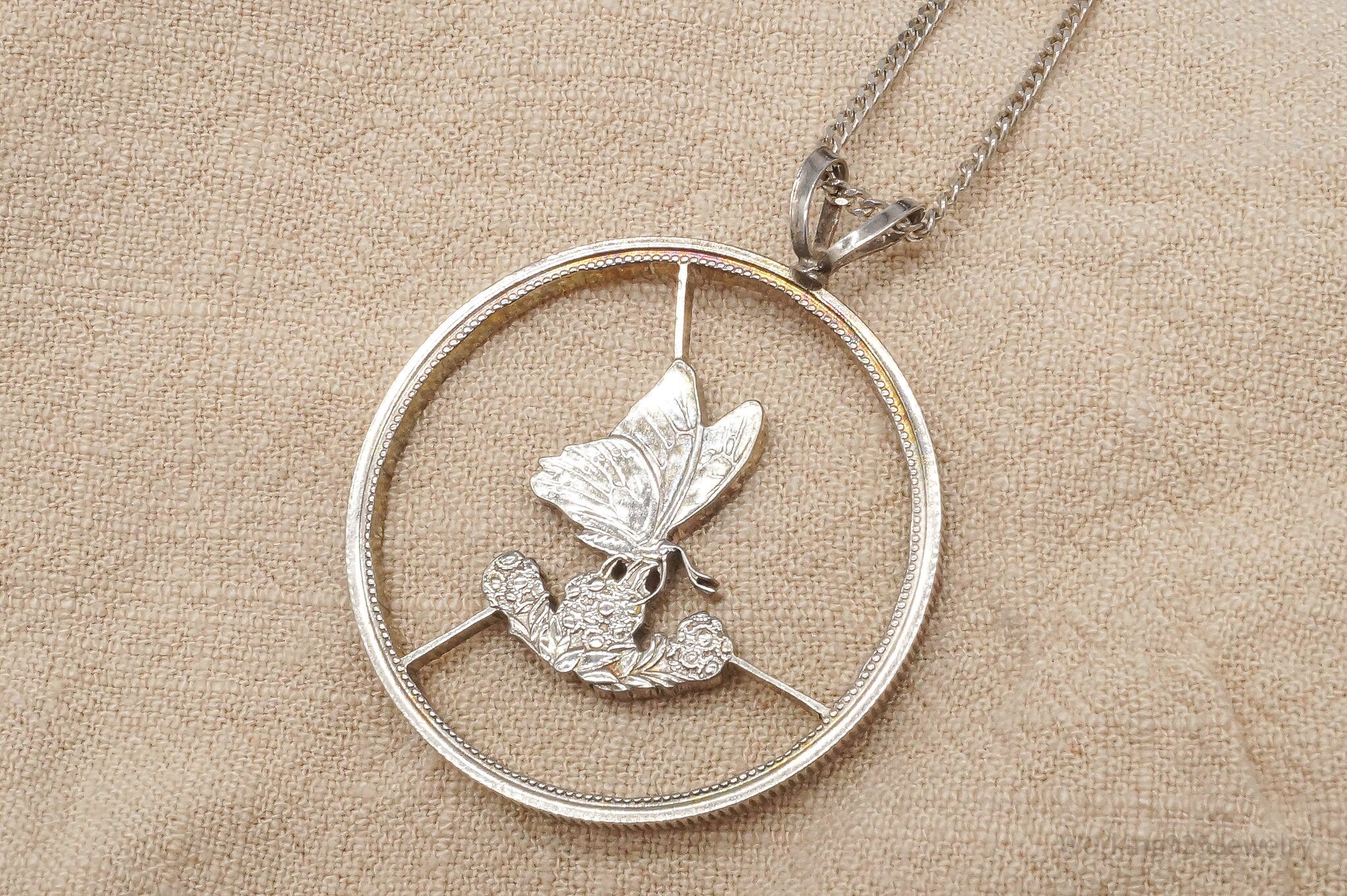 Antique Butterfly Cut Silver Coin Turned Pendant Sterling Silver Necklace 24"
