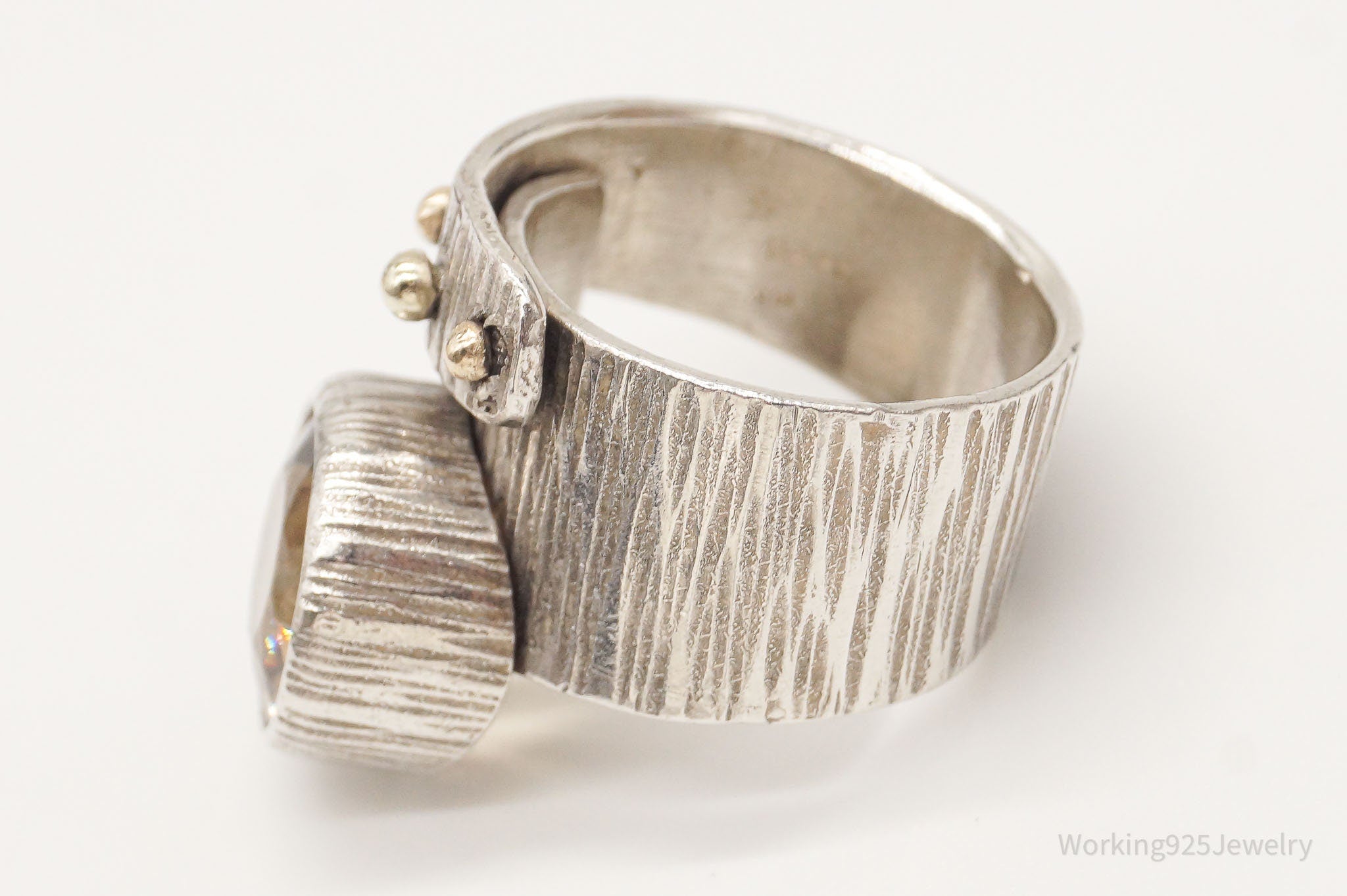 Vintage Large Smoky Topaz 14K Gold Sterling Silver Ring - Size 7.25 Adjustable