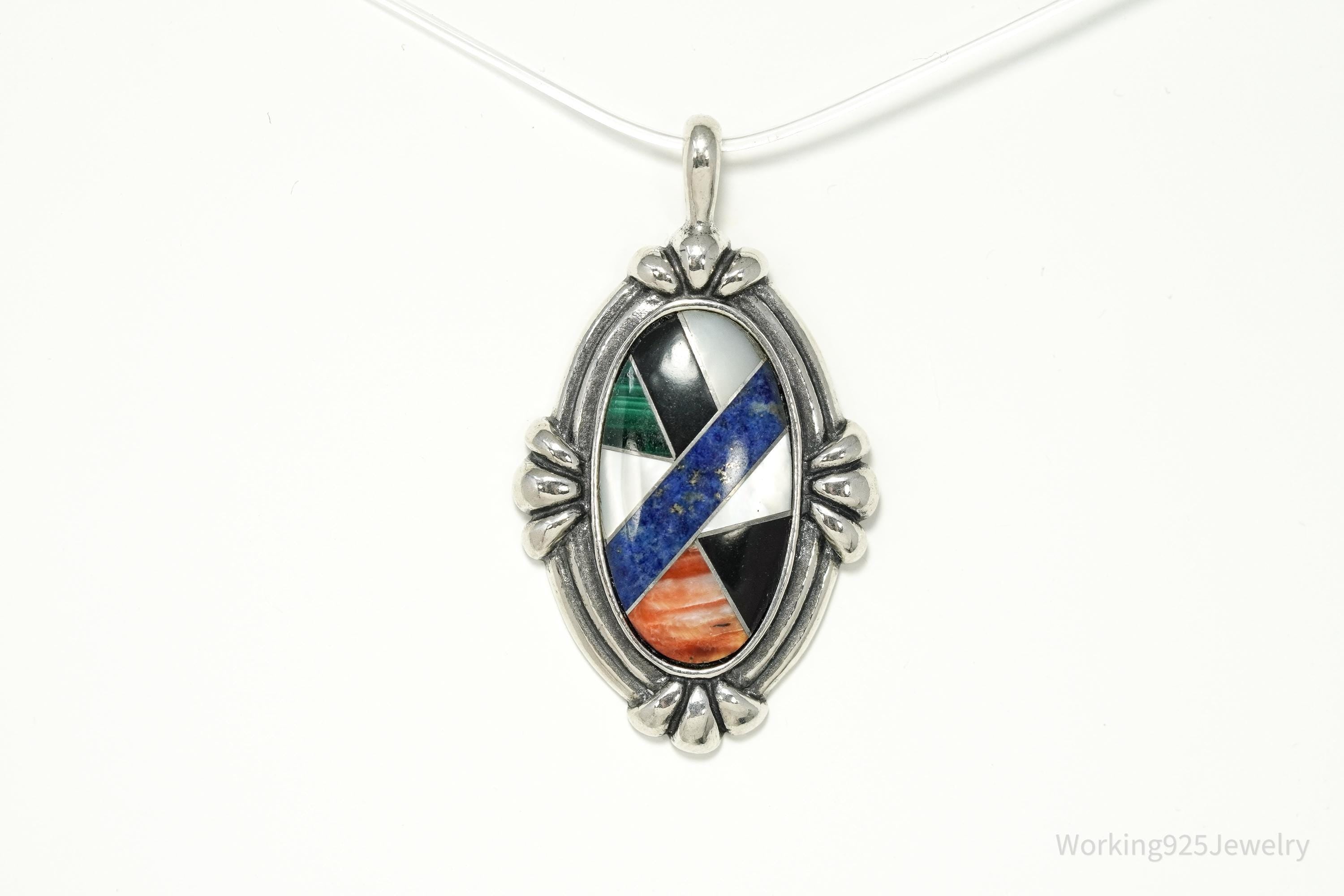 Vintage Designer Carolyn Pollack Multi Gemstone Inlay Sterling Silver Pendant
