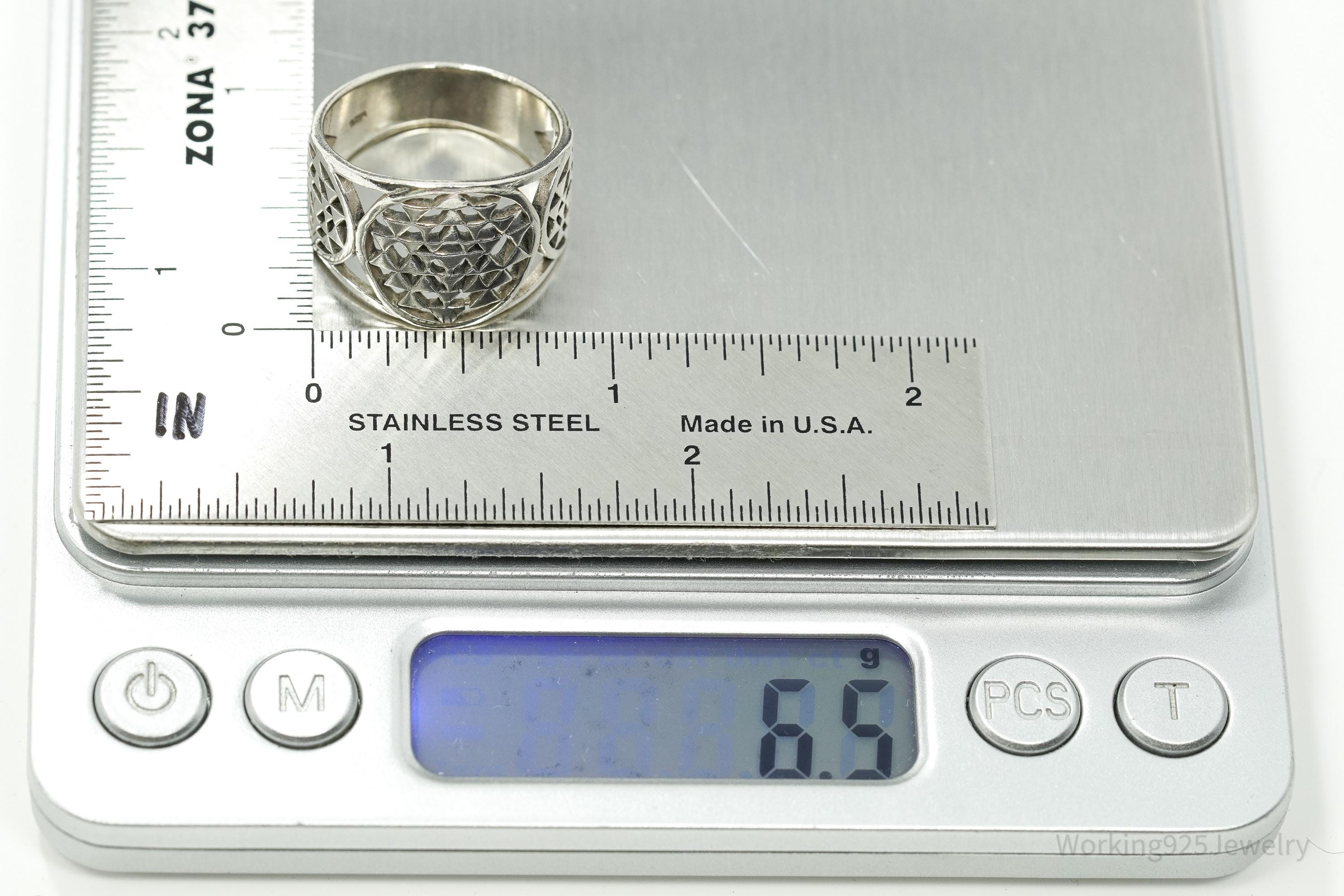 Vintage Sri Yantra Chakra Sterling Silver Wide Band Ring - Size 9.75