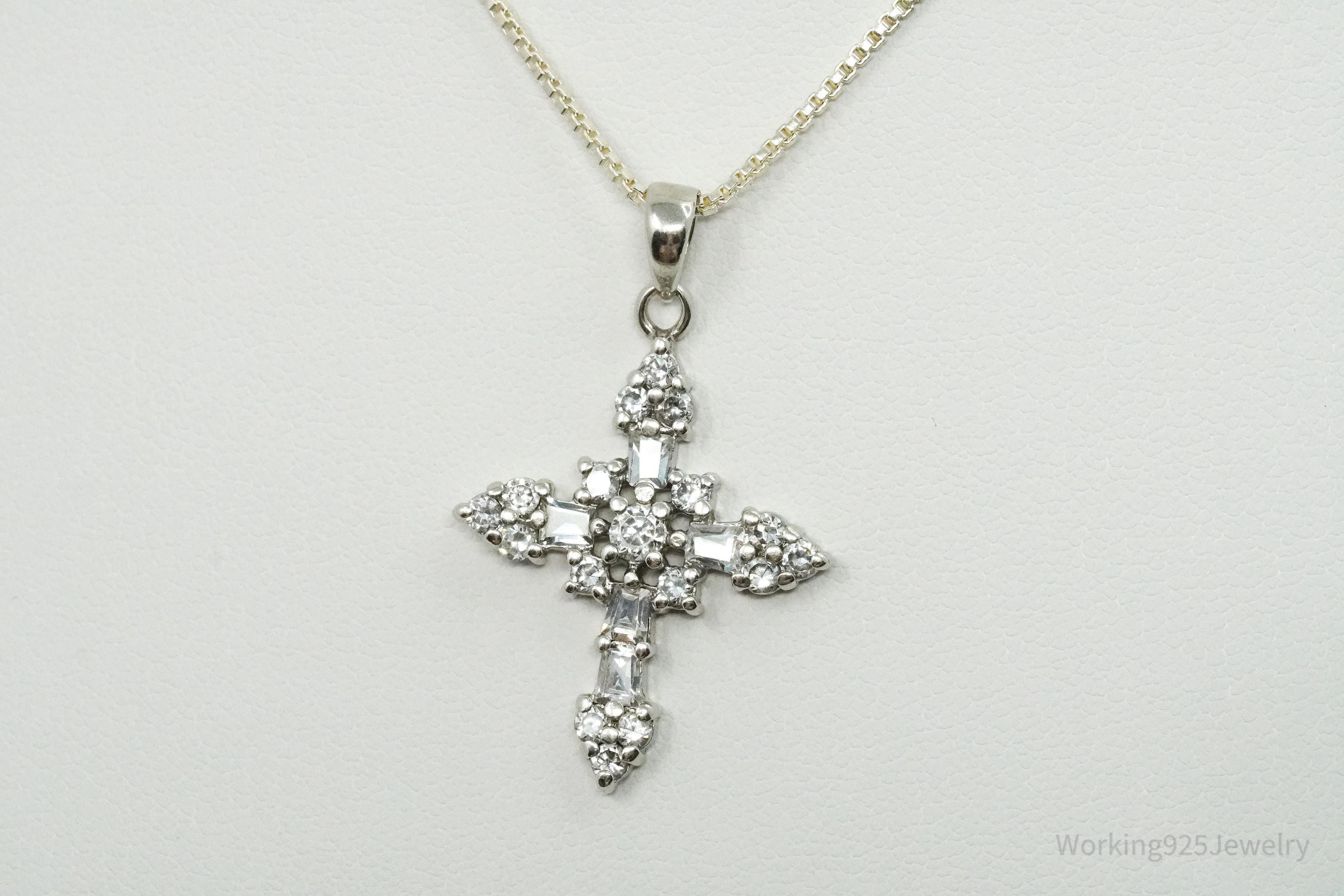 Vintage Cubic Zirconia Cross Sterling Silver Necklace 18"