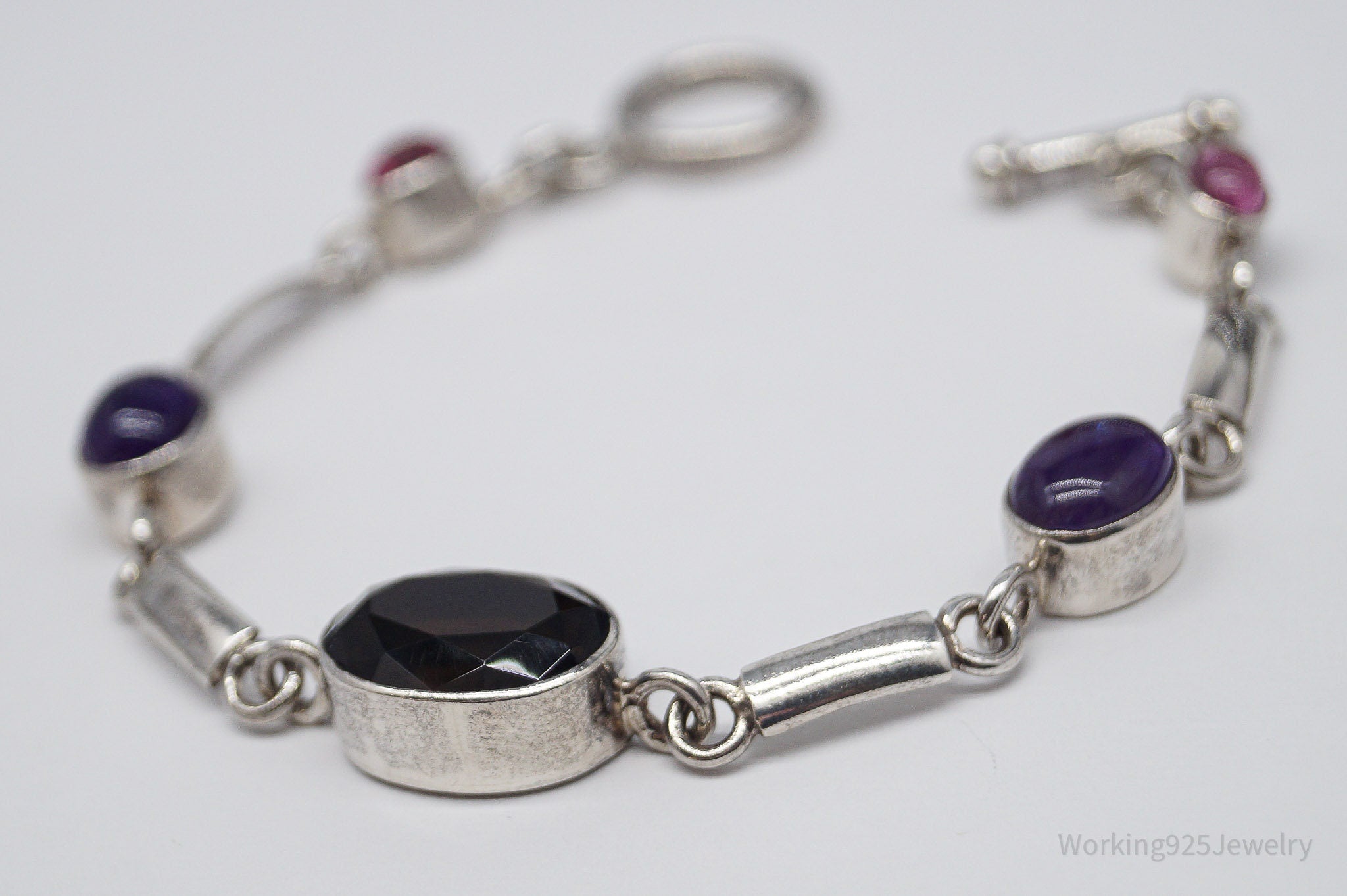 Vintage Smoky Topaz Amethyst & Pink Stone Sterling Silver Toggle Bracelet 7 5/8"