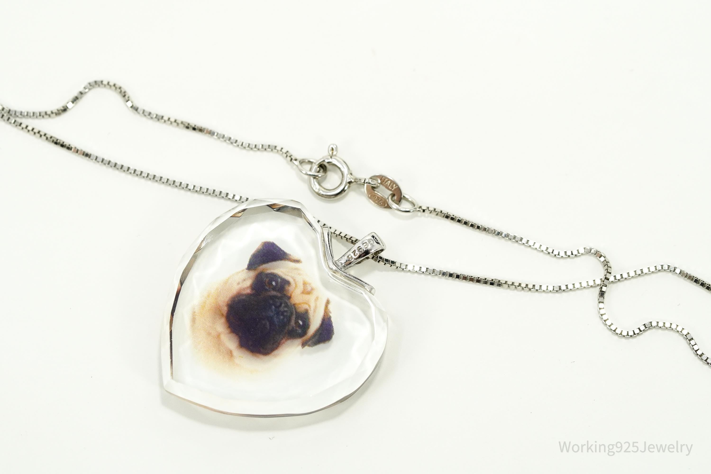 Vintage Bradford Exchange Pug Face Heart Sterling Silver Chain Necklace - 18"