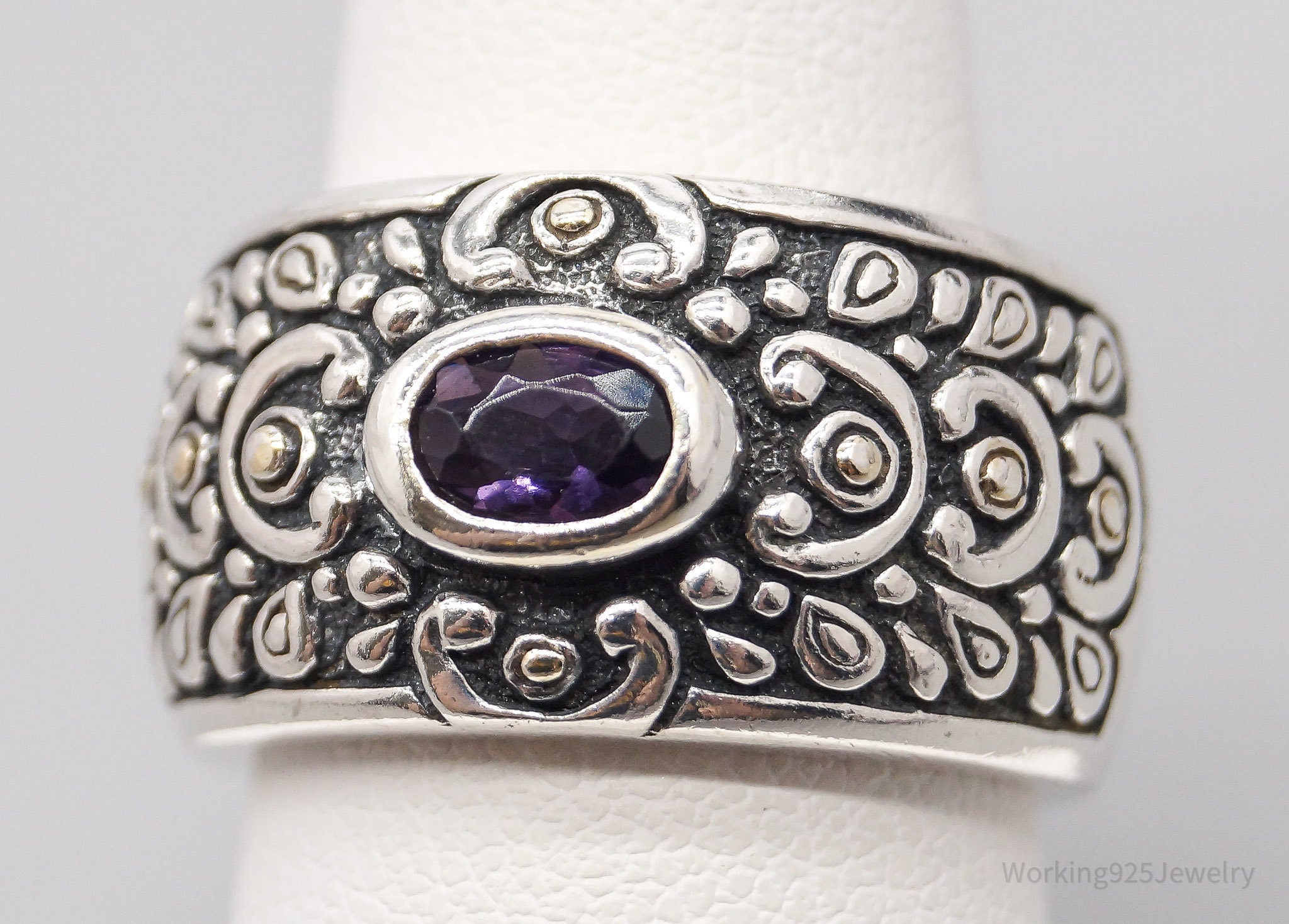 Vintage Purple Amethyst Ornate Sterling Silver Band Ring - Size 7.25