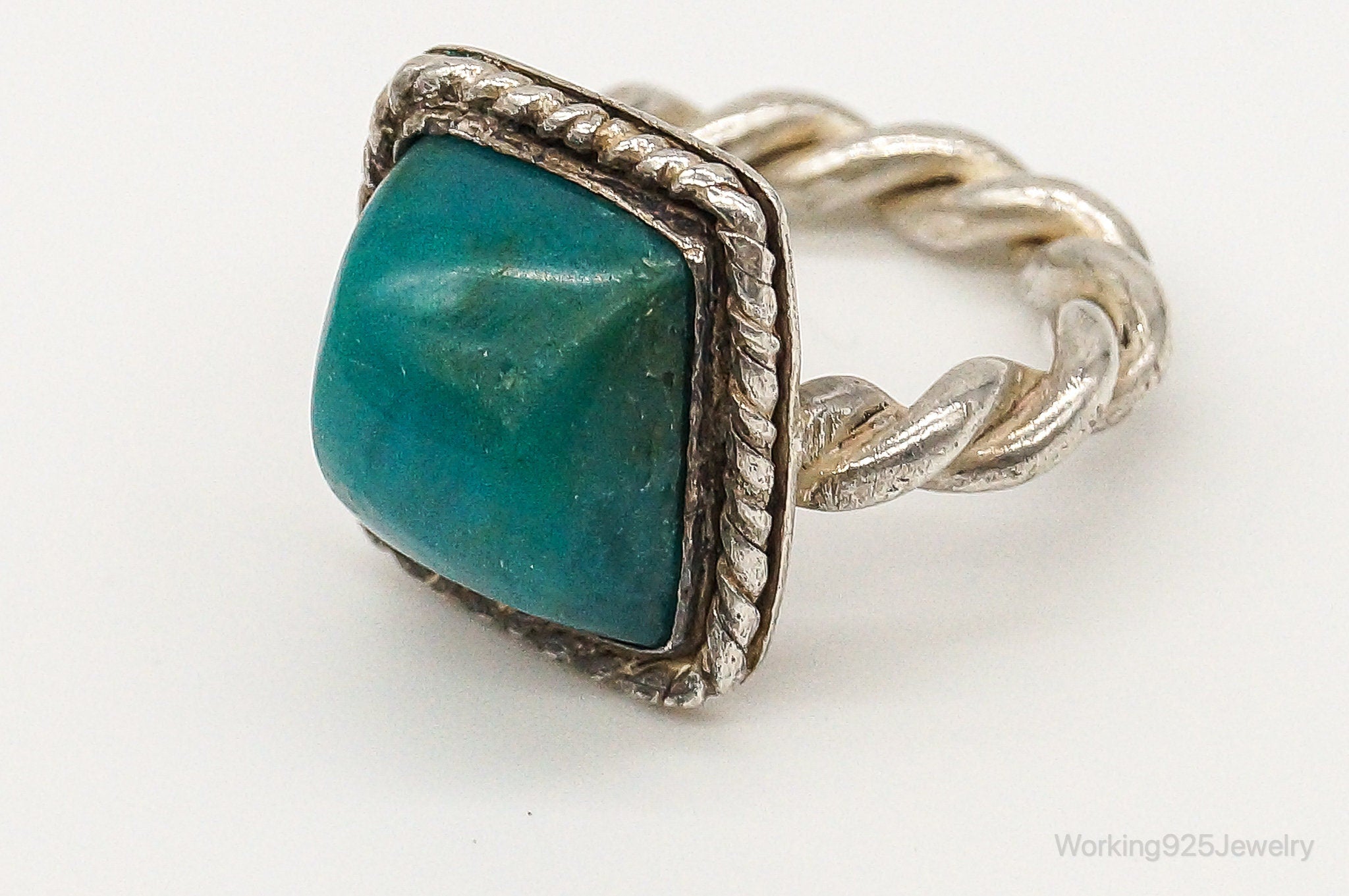 Vintage Modernist Blue Green Gemstone Sterling Silver Ring - Size 7.25