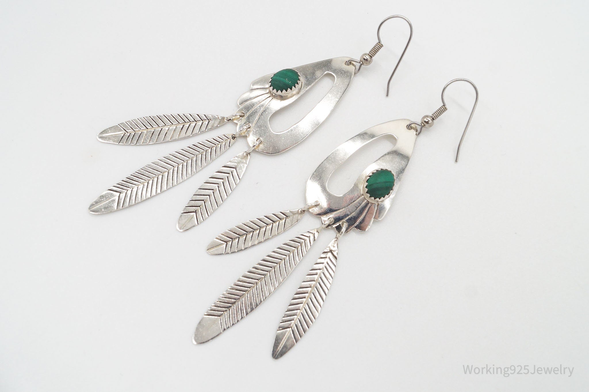 Vintage Native American JL Malachite Sterling Silver Earrings