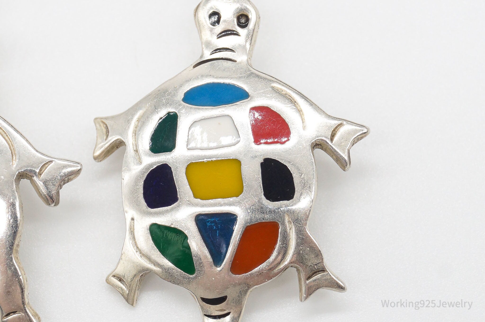 Vintage Mexico Rainbow Enamel Inlay Sterling Silver Turtles Earrings