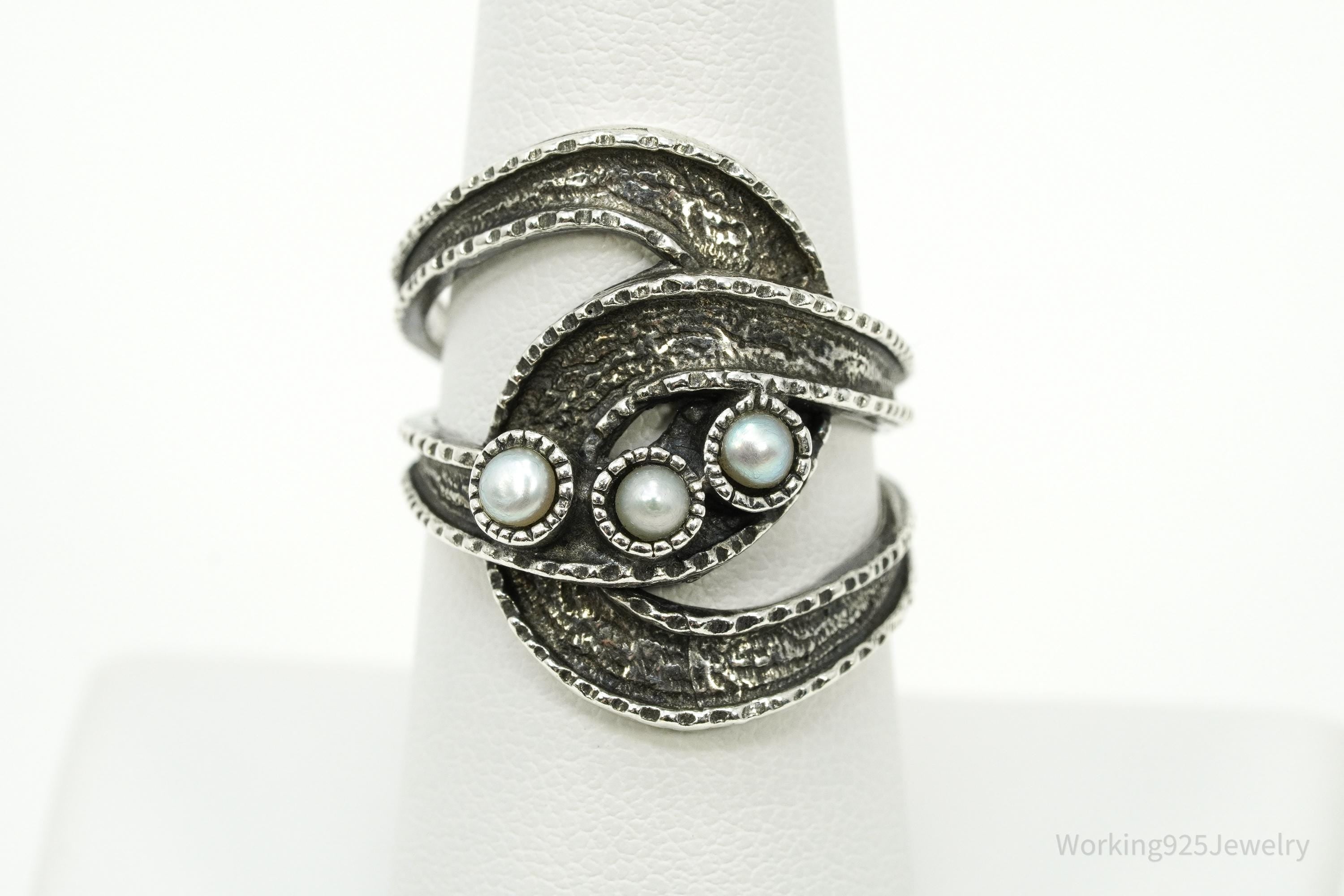 Vintage Pearls Modernist Style Sterling Silver Ring - Size 7.25