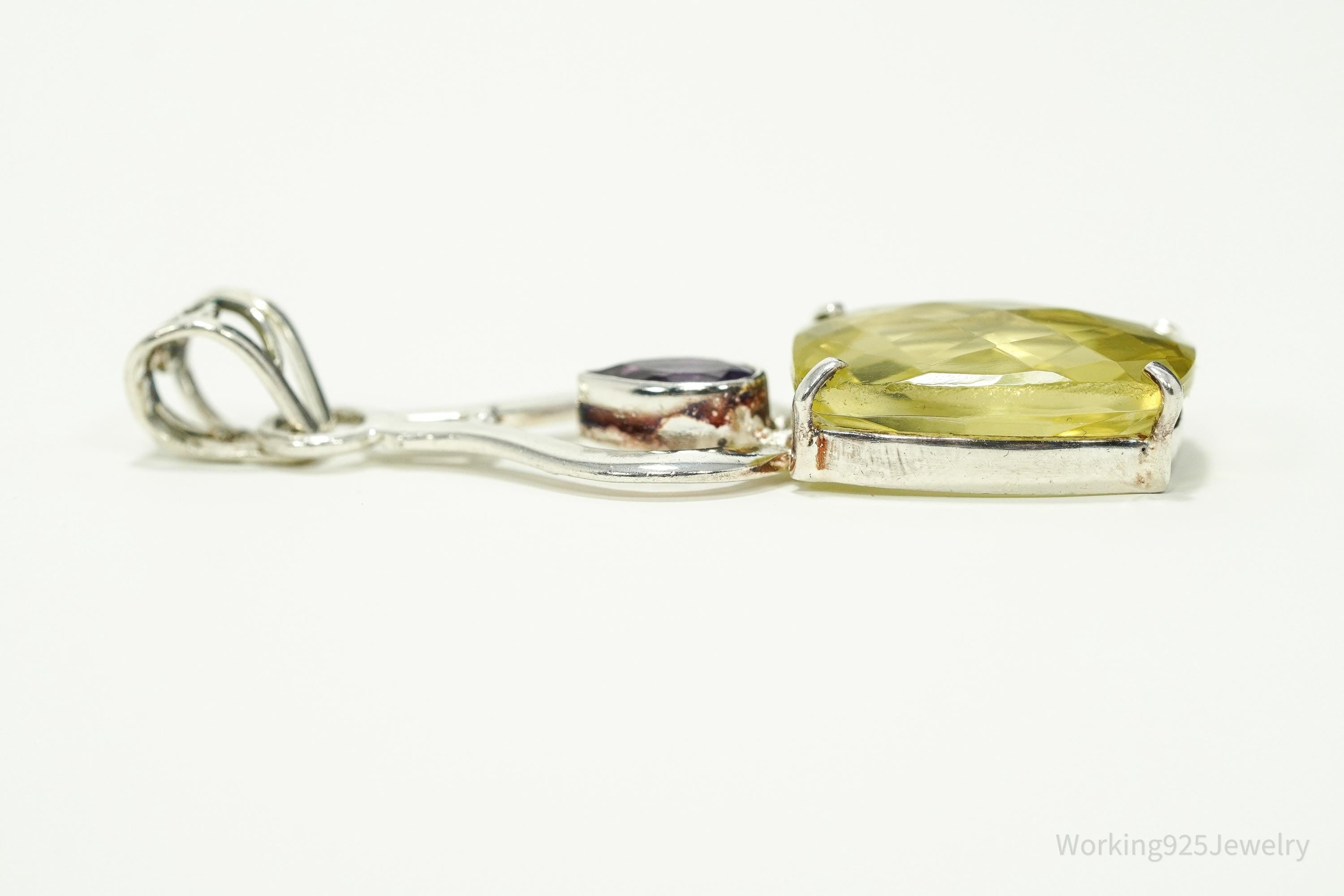 Vintage Lemon Quartz & Amethyst Sterling Silver Pendant