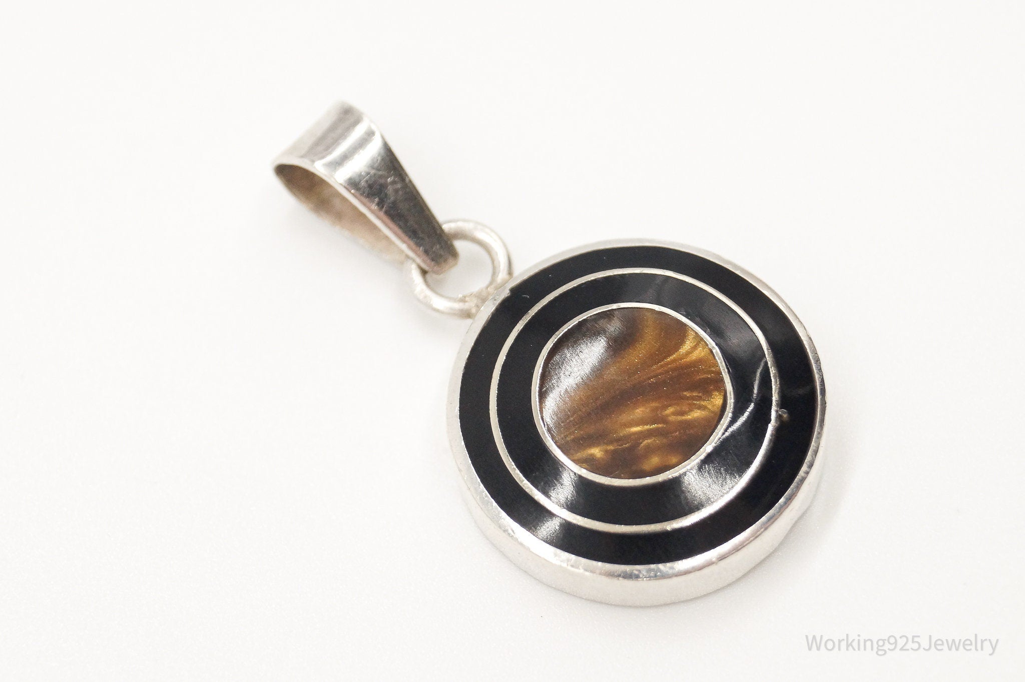 Vintage Mexico Faux Tigers Eye Black Enamel Sterling Silver Pendant