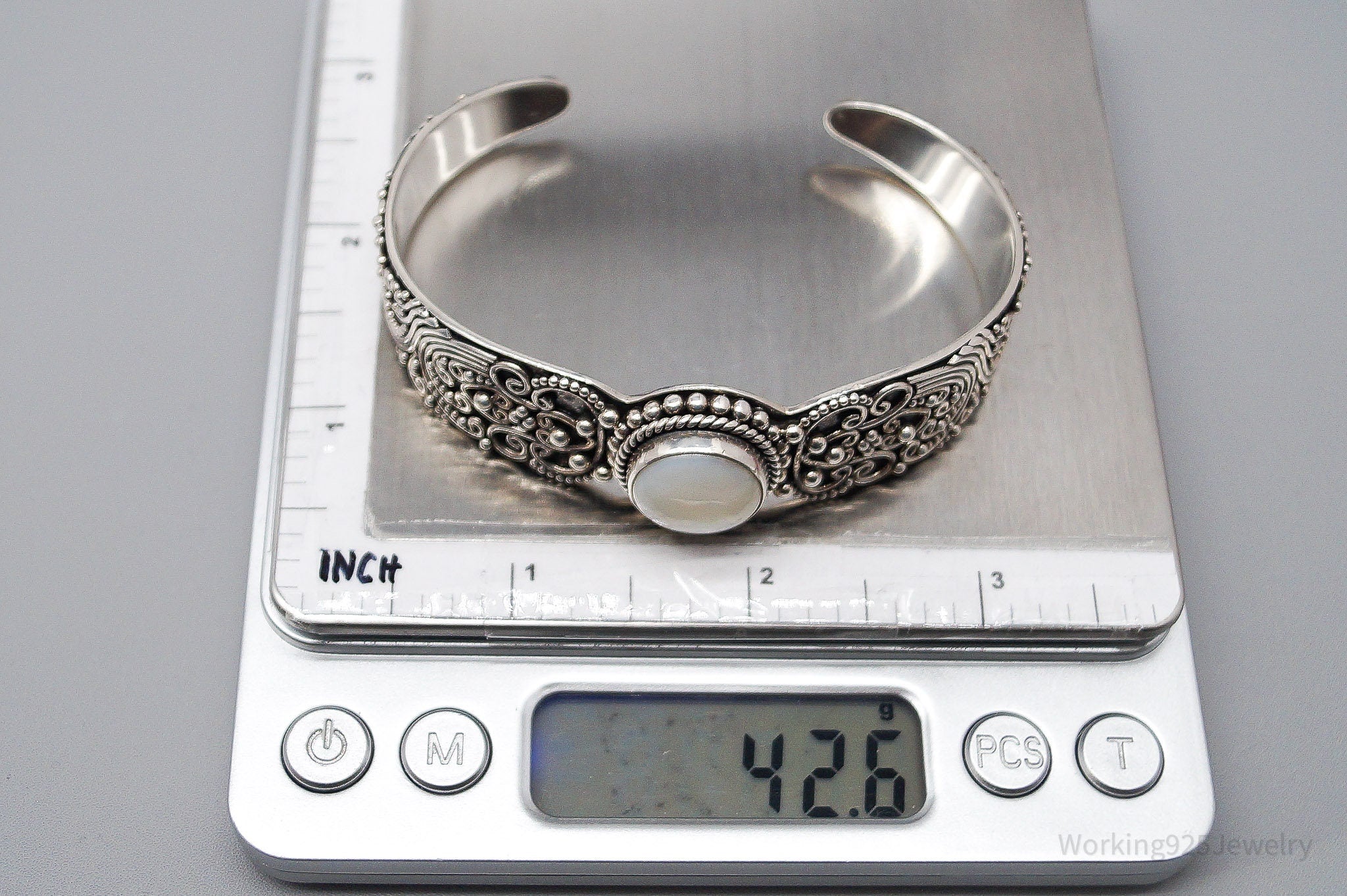 Vintage Designer BA Suarti Mother Of Pearl Sterling Silver Cuff Bracelet 7.25"