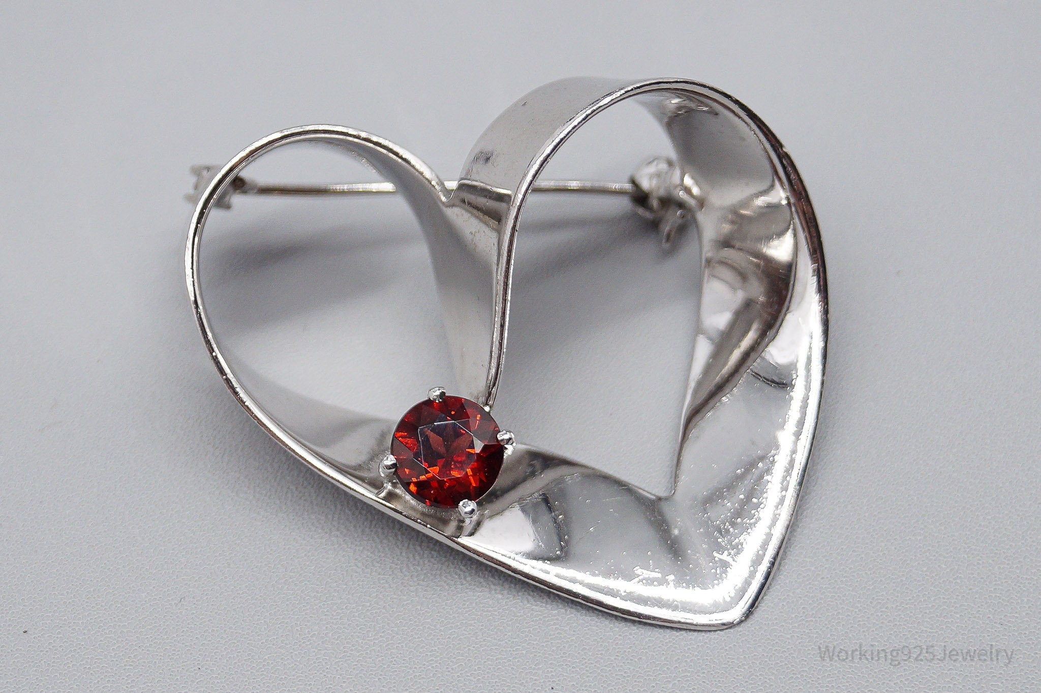 Large Vintage Garnet Heart Sterling Silver Brooch Pin