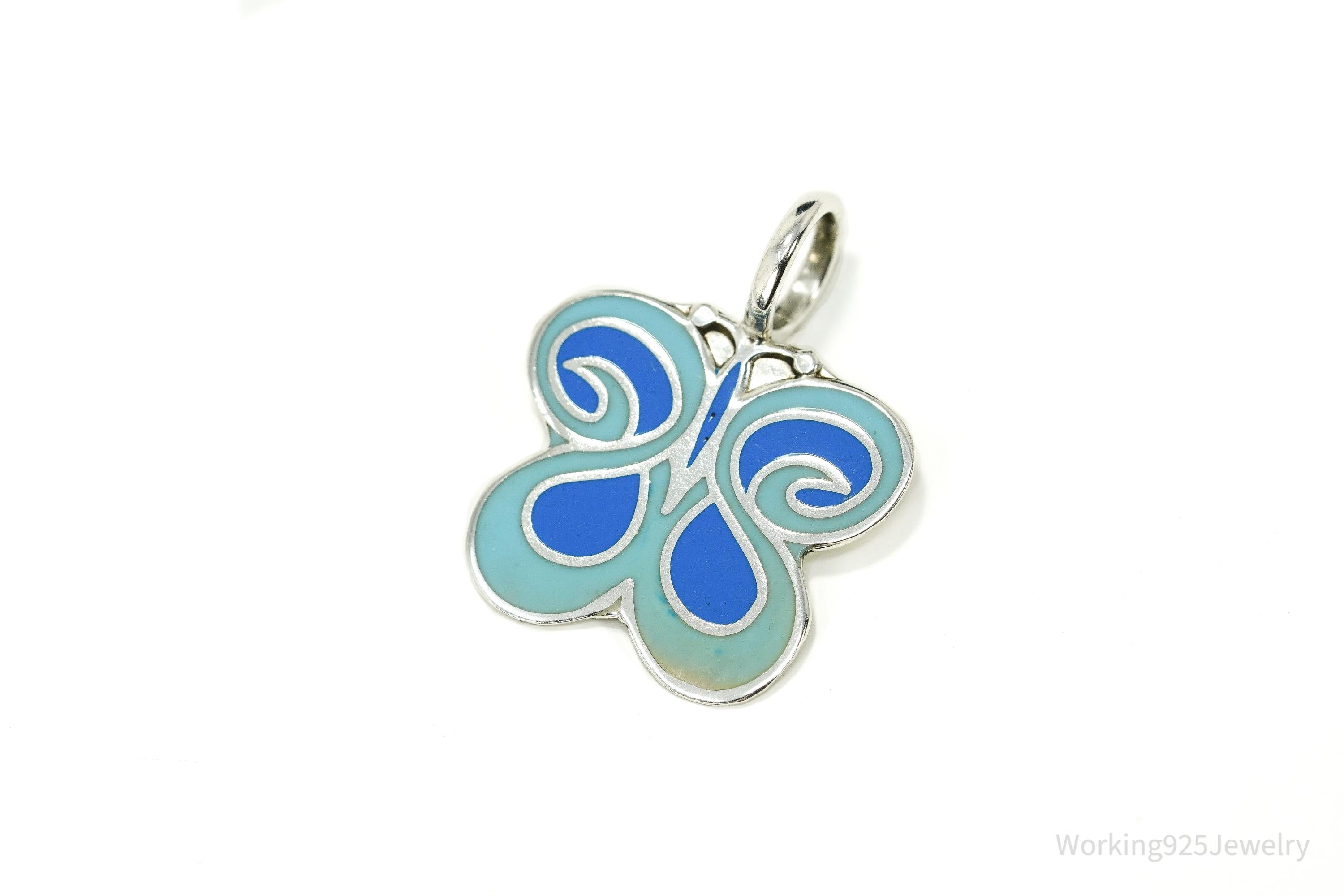 Vintage Blue Enamel Butterfly Silver Necklace Pendant