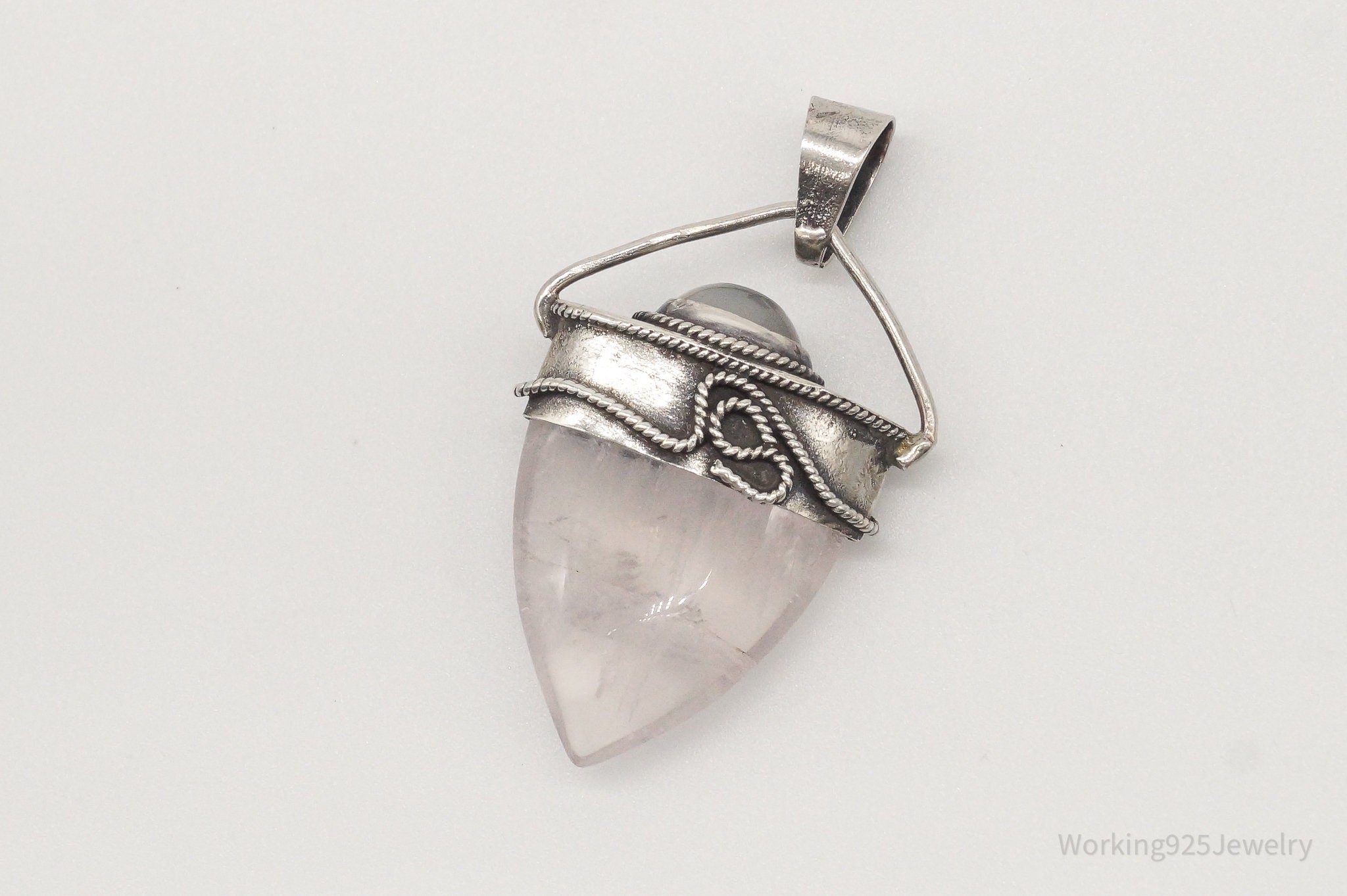 Vintage Large Rose Quartz White Moonstone Sterling Silver Pendant