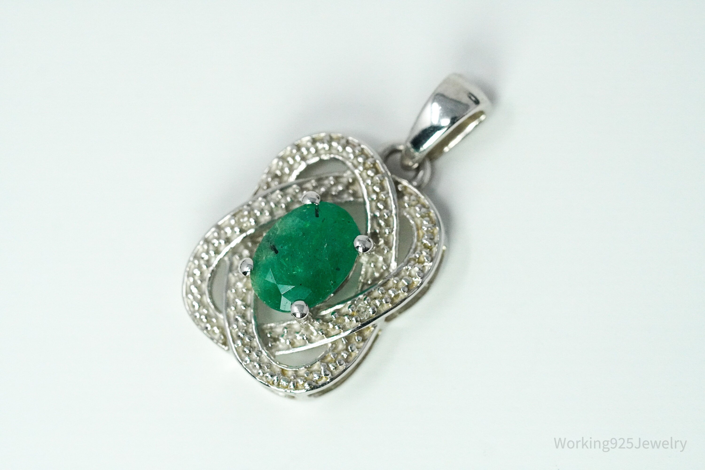 TGGC Emerald & Two Diamond Sterling Silver Necklace Pendant