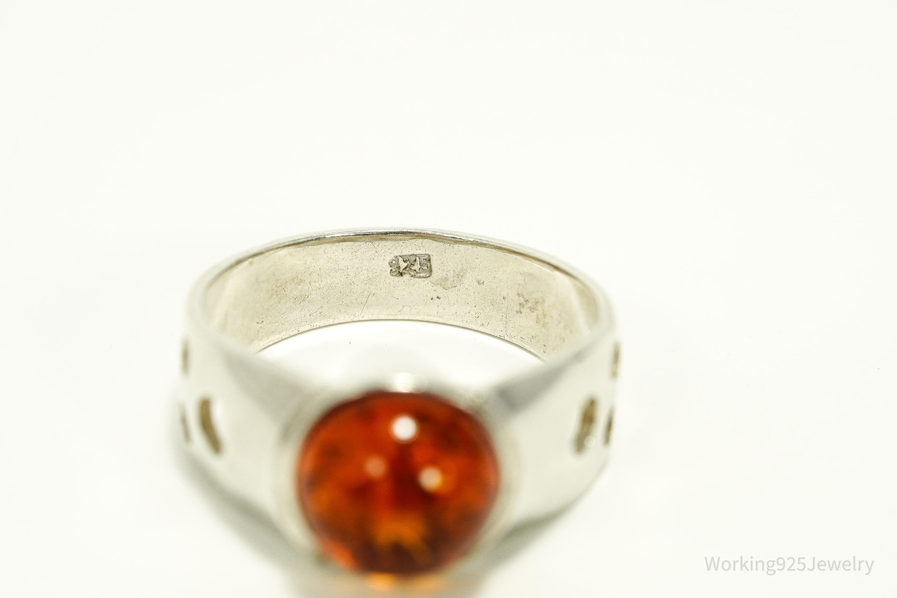 Vintage Amber Modernist Style Sterling Silver Ring - Size 10
