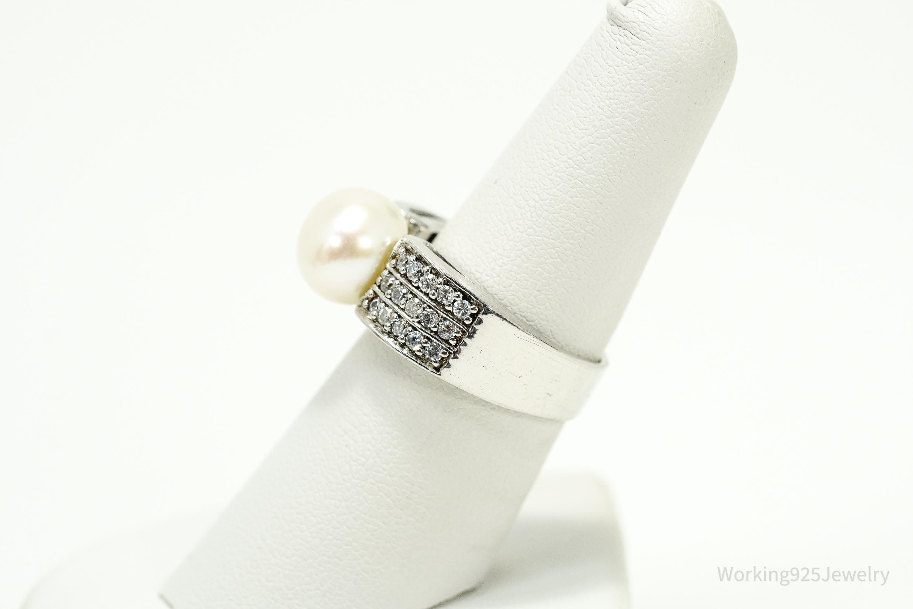 Vintage Pearl & Cubic Zirconia Sterling Silver Ring - Size 7.25