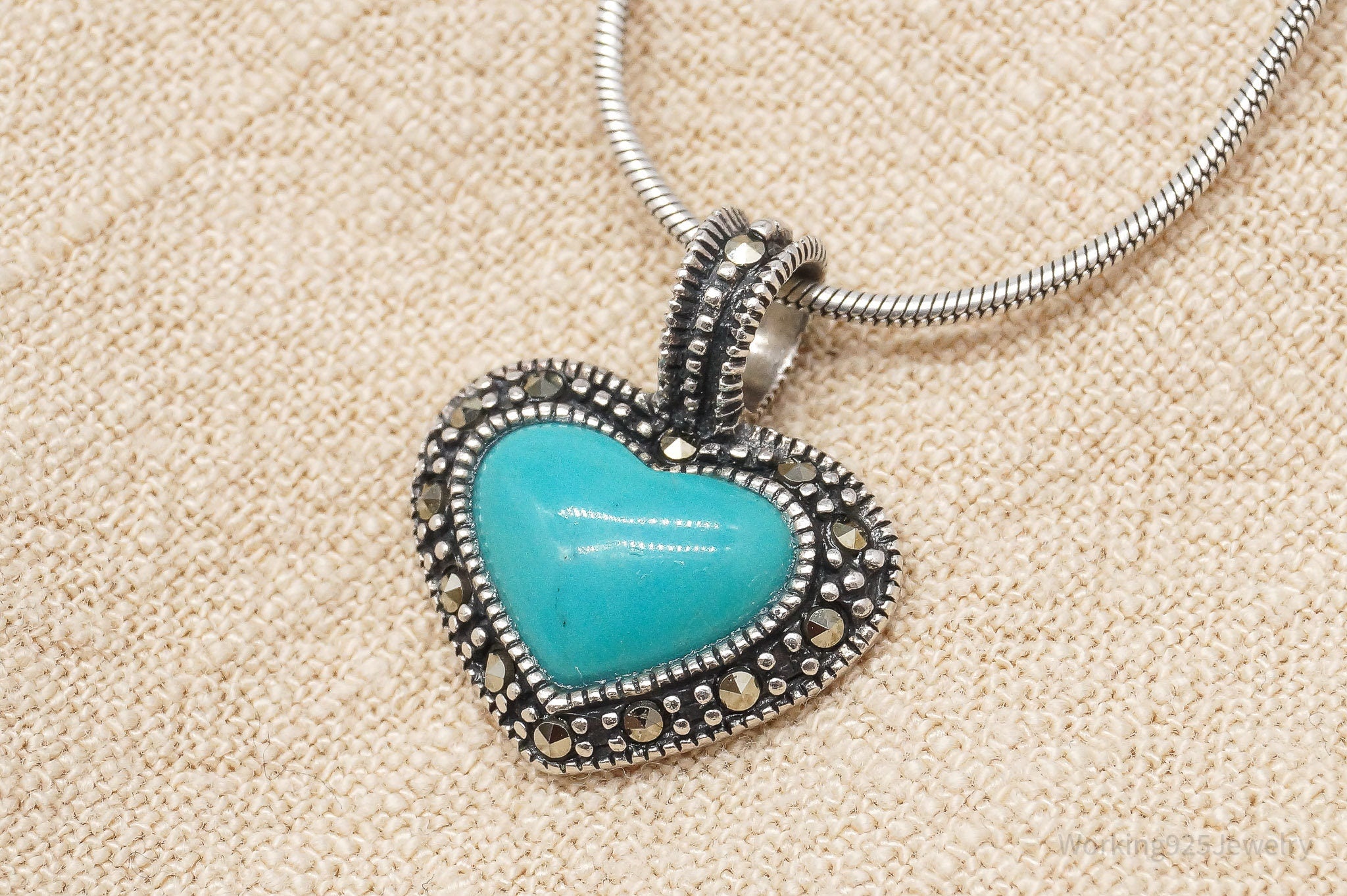 Vintage Turquoise Marcasite Heart Sterling Silver Necklace 16"
