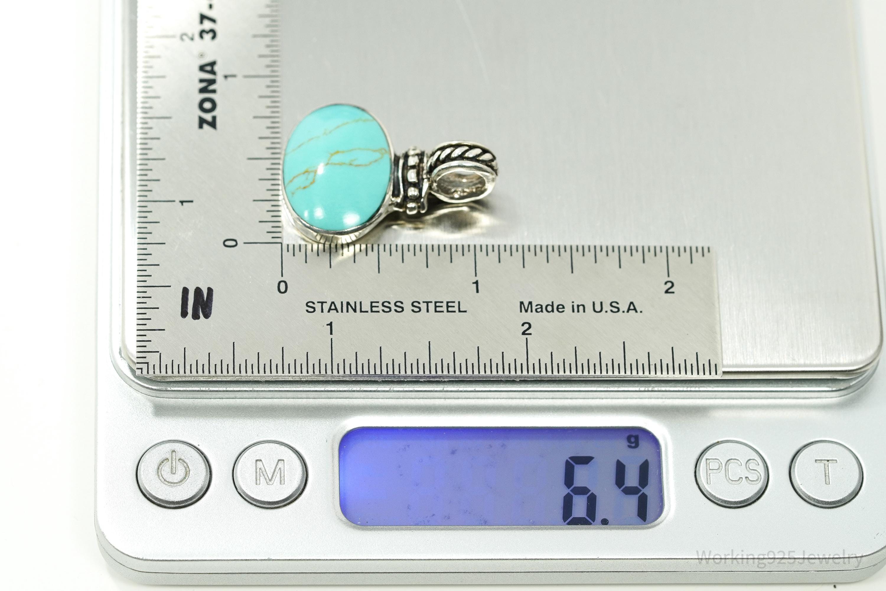 Vintage Blue Turquoise Sterling Silver Pendant 1 1/8"