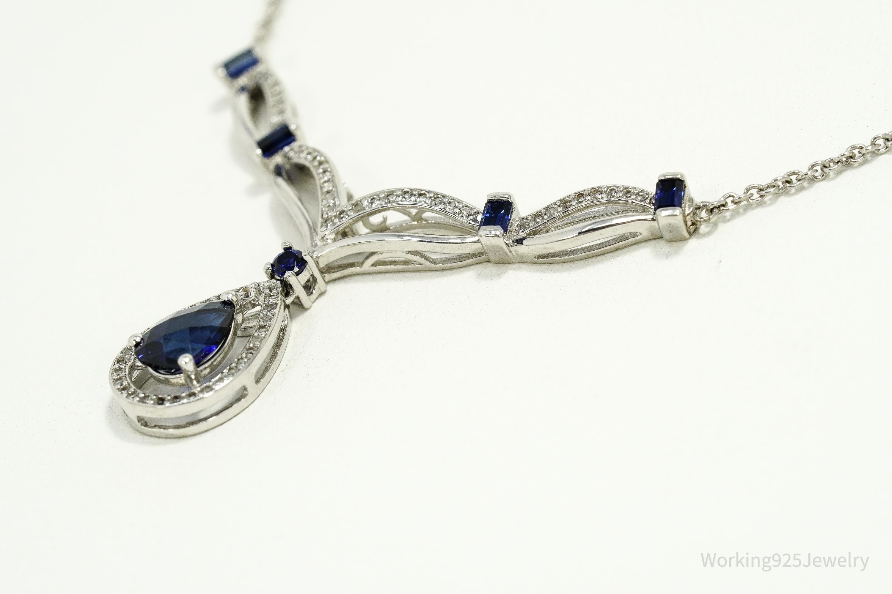 Vintage Blue & White Sapphire Sterling Silver Necklace 15"