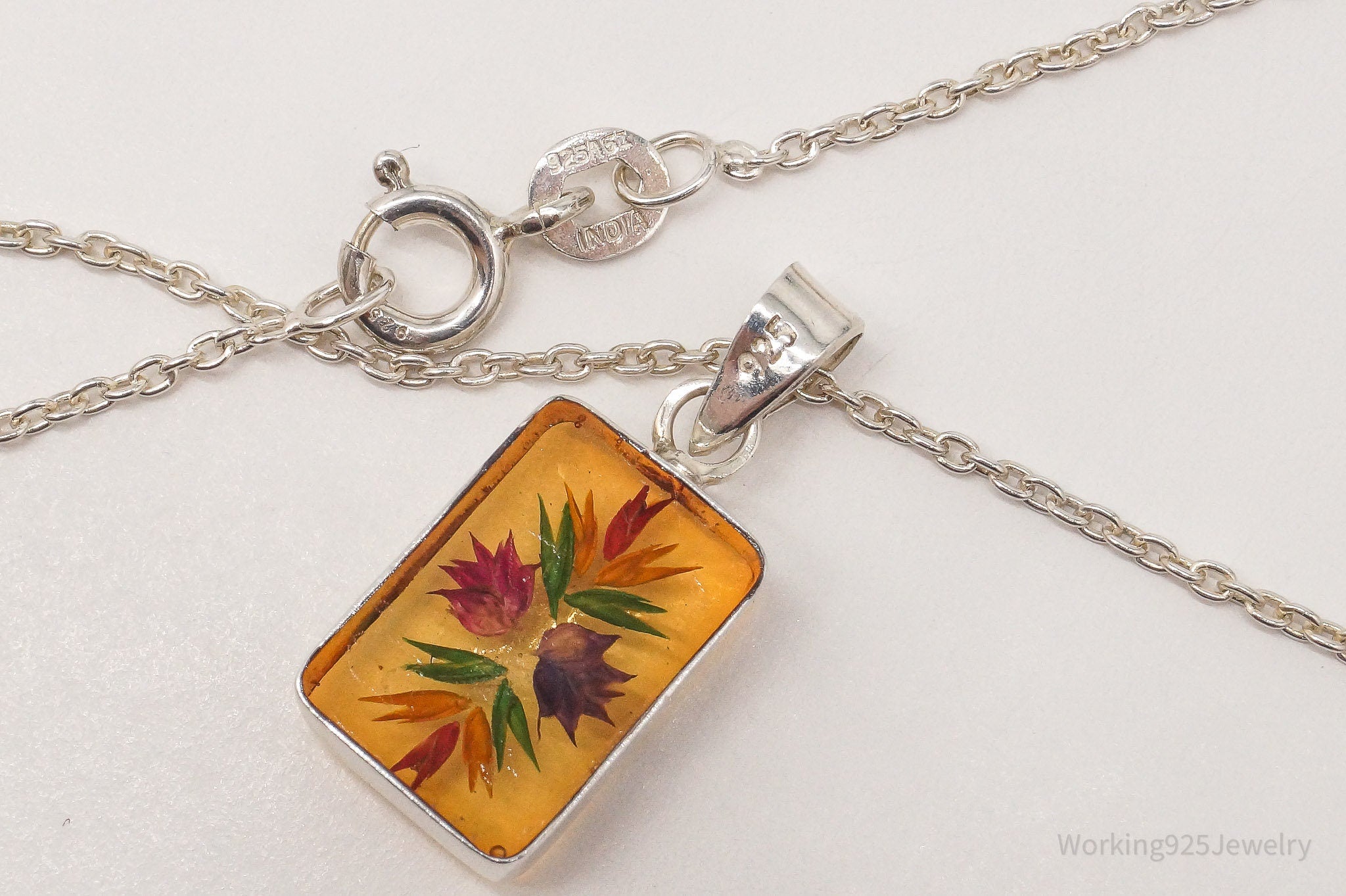 Vintage Pressed Flowers Sterling Silver Necklace 18"