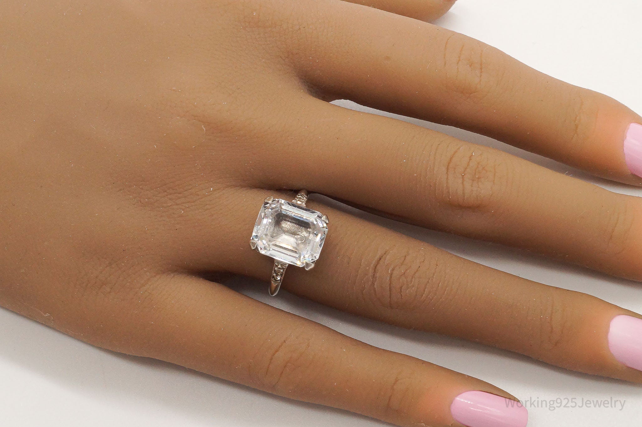 Antique Faux Diamond Glass Sterling Silver Ring - Size 6.75