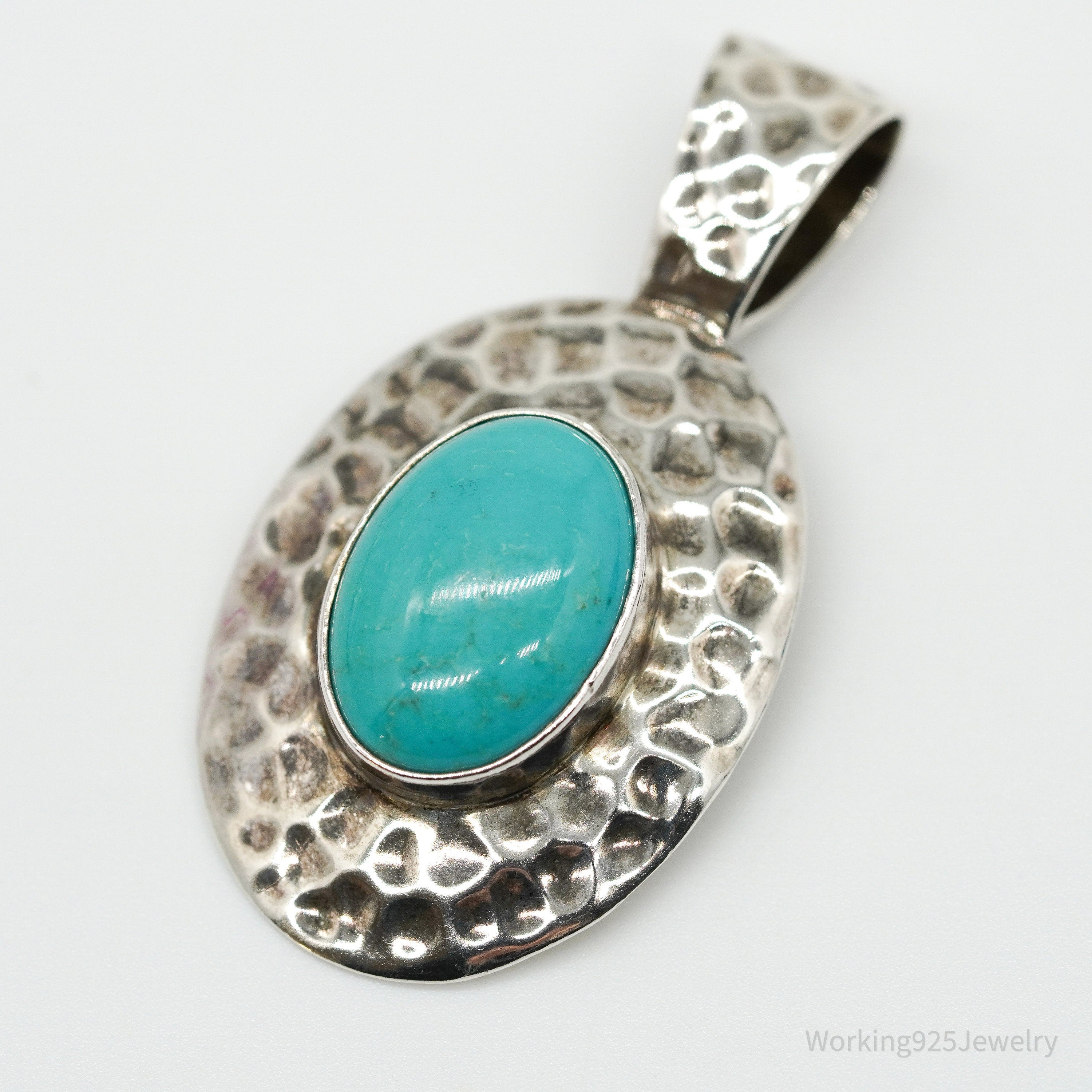 Vintage Large Blue Turquoise Sterling Silver Pendant 1 15/16"