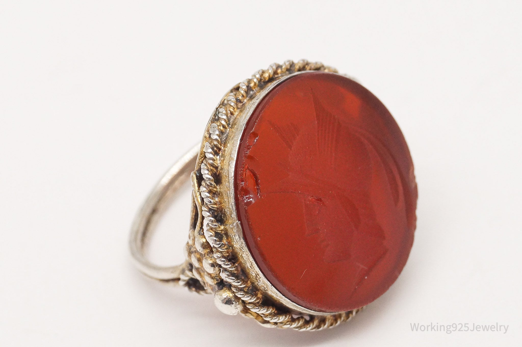 Antique Roman Soldier Carved Carnelian Intaglio Silver Ring - Size 5.5