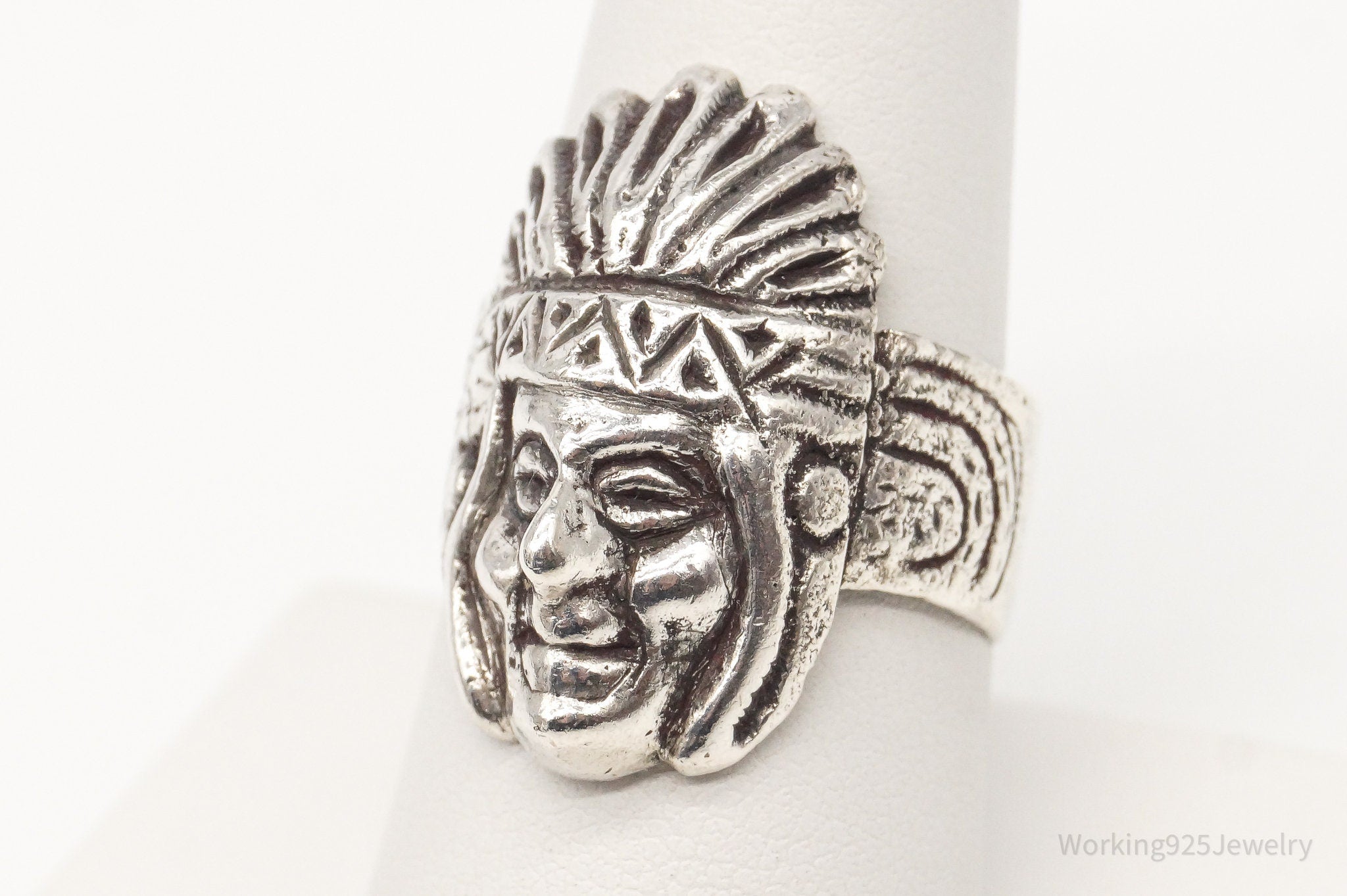 Vintage Native American Chief Head Silver Ring - Size 8.5