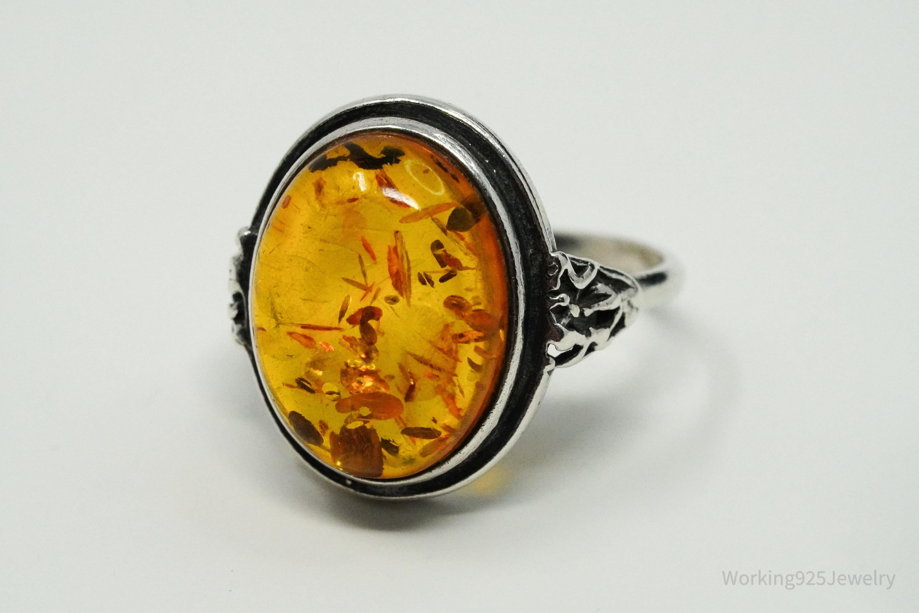 Vintage Amber Sterling Silver Ring - Size 7