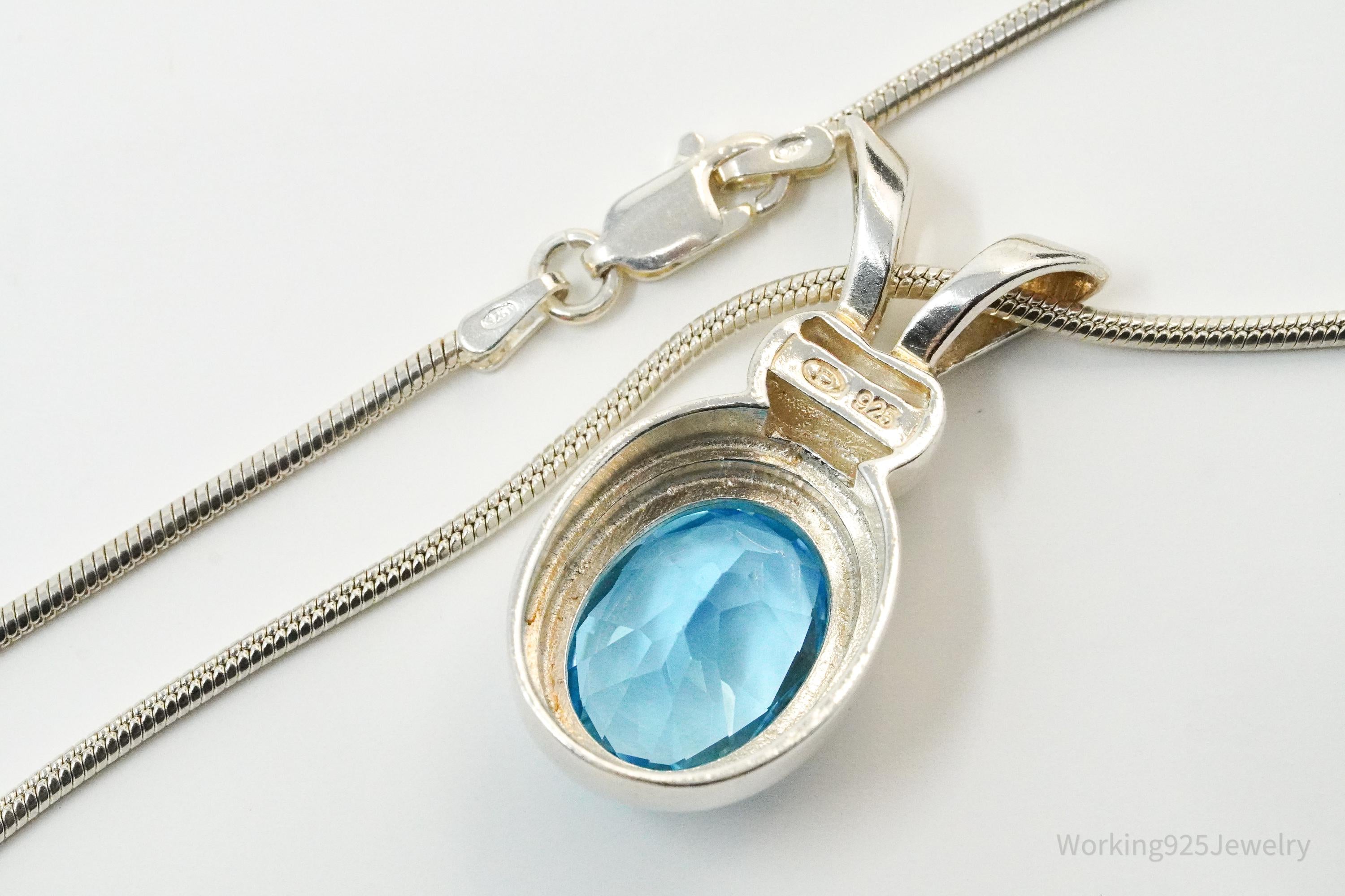 Vintage Large Blue Topaz Sterling Silver Necklace 18"