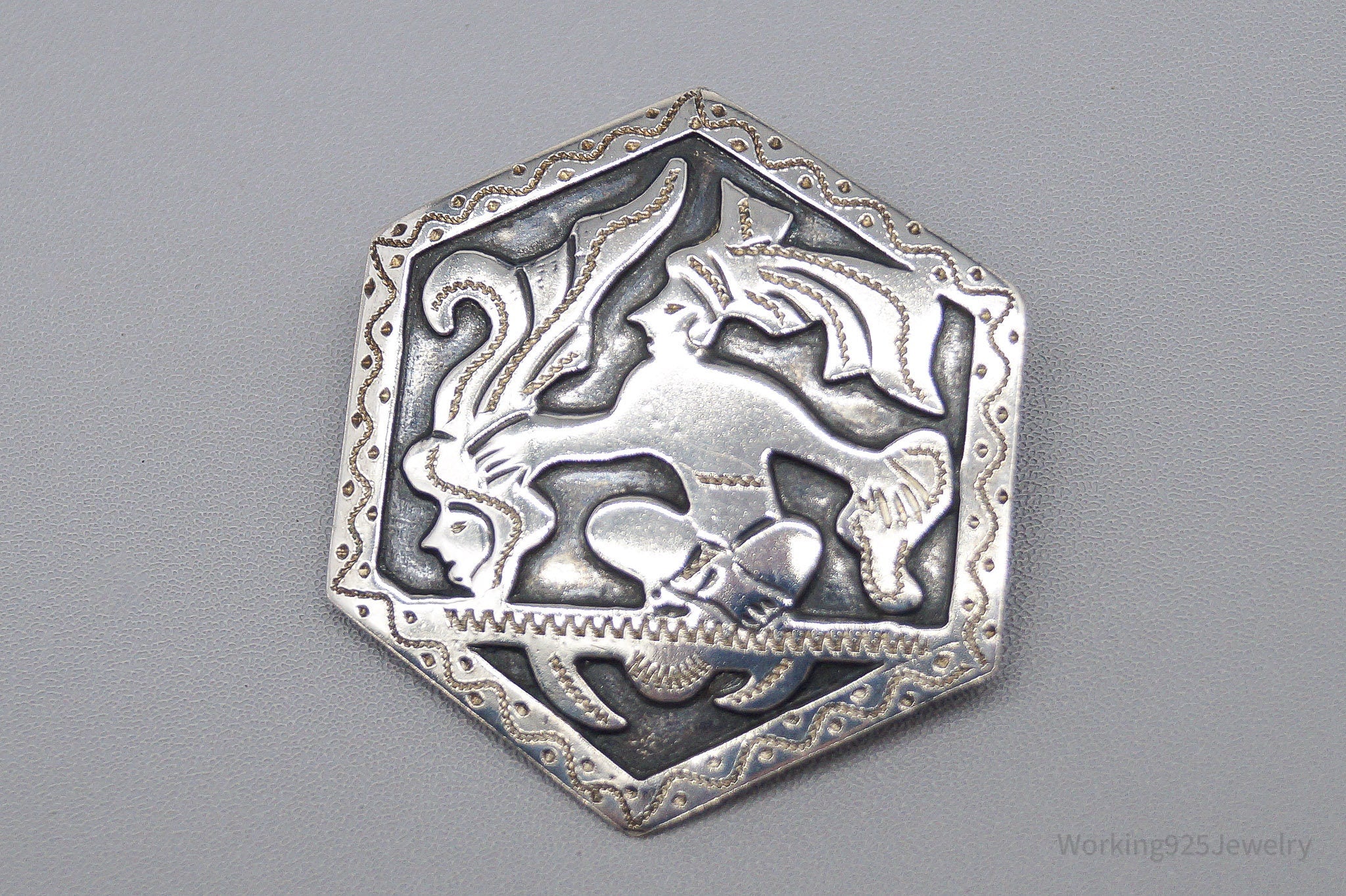 Large Vintage Guatemala Tribe Silver Brooch Pin