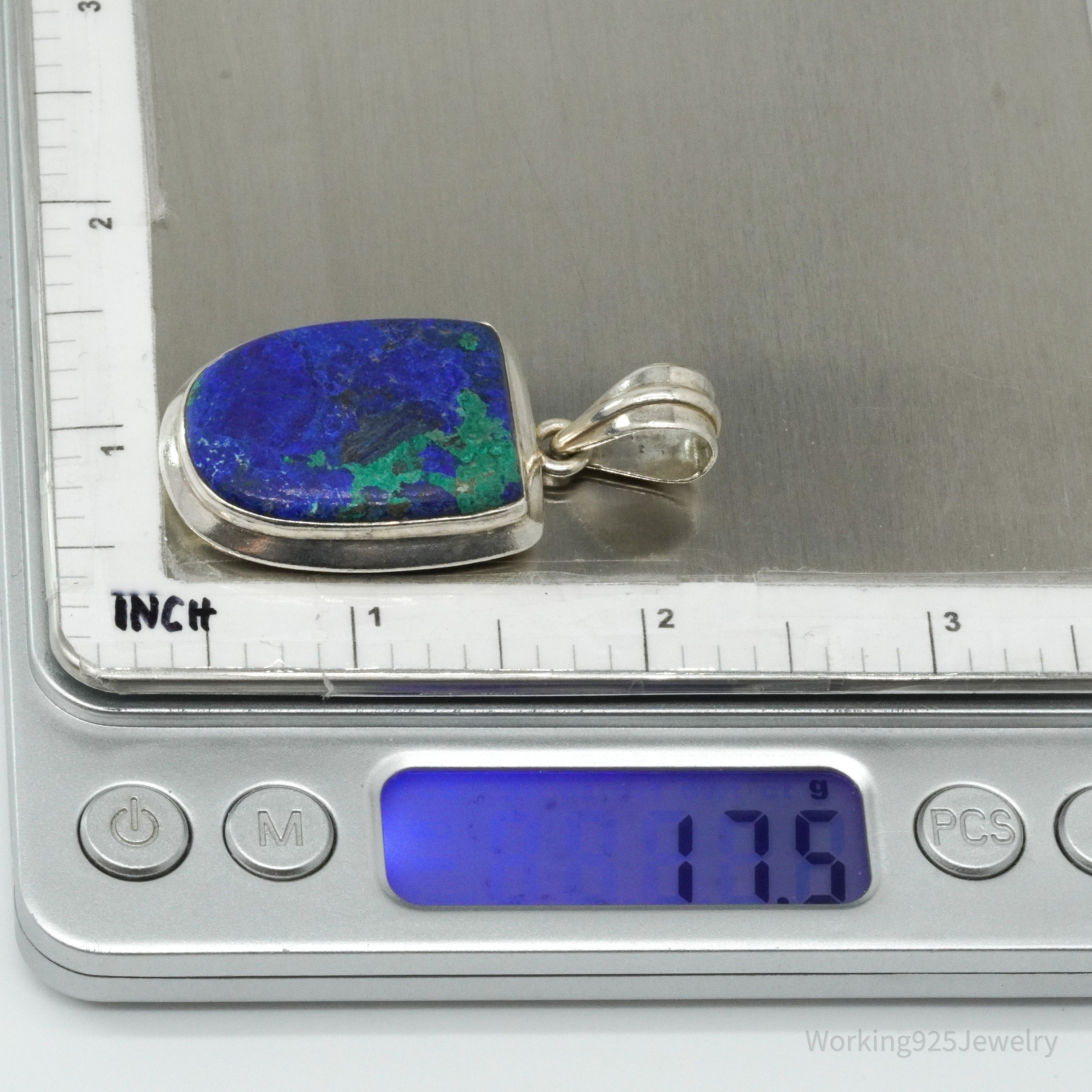 Vintage Large Azurite Silver Pendant 1 15/16"