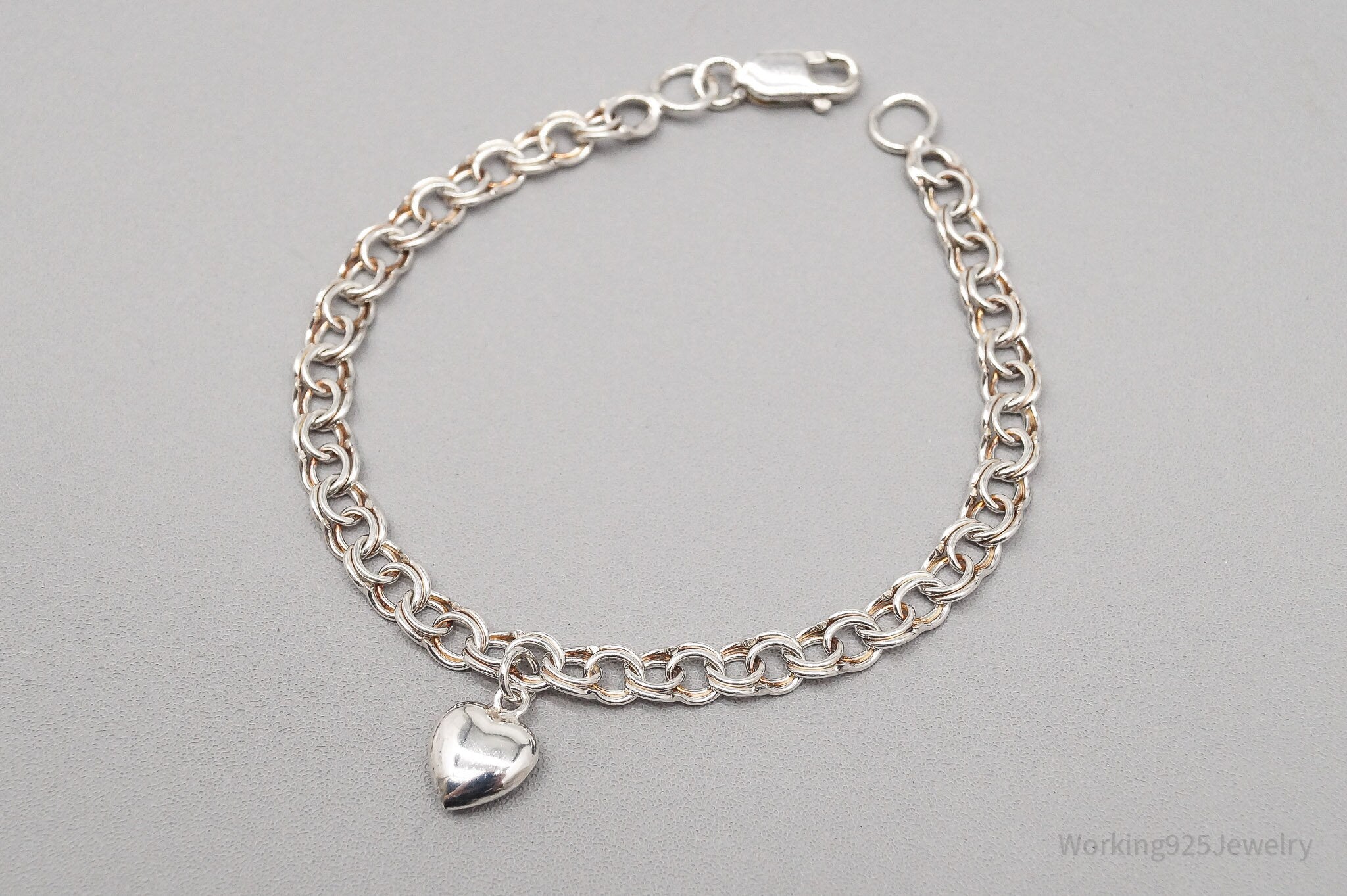 Vintage Puffy Heart Charm Chain Link Sterling Silver Bracelet